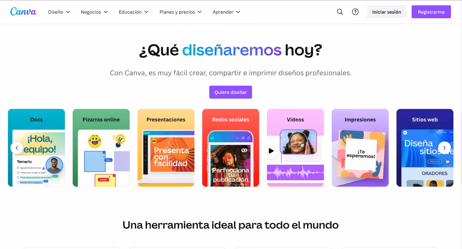 Página inicial de Canva mostrando opciones para diseño, como documentos, pizarras, y sitios web.