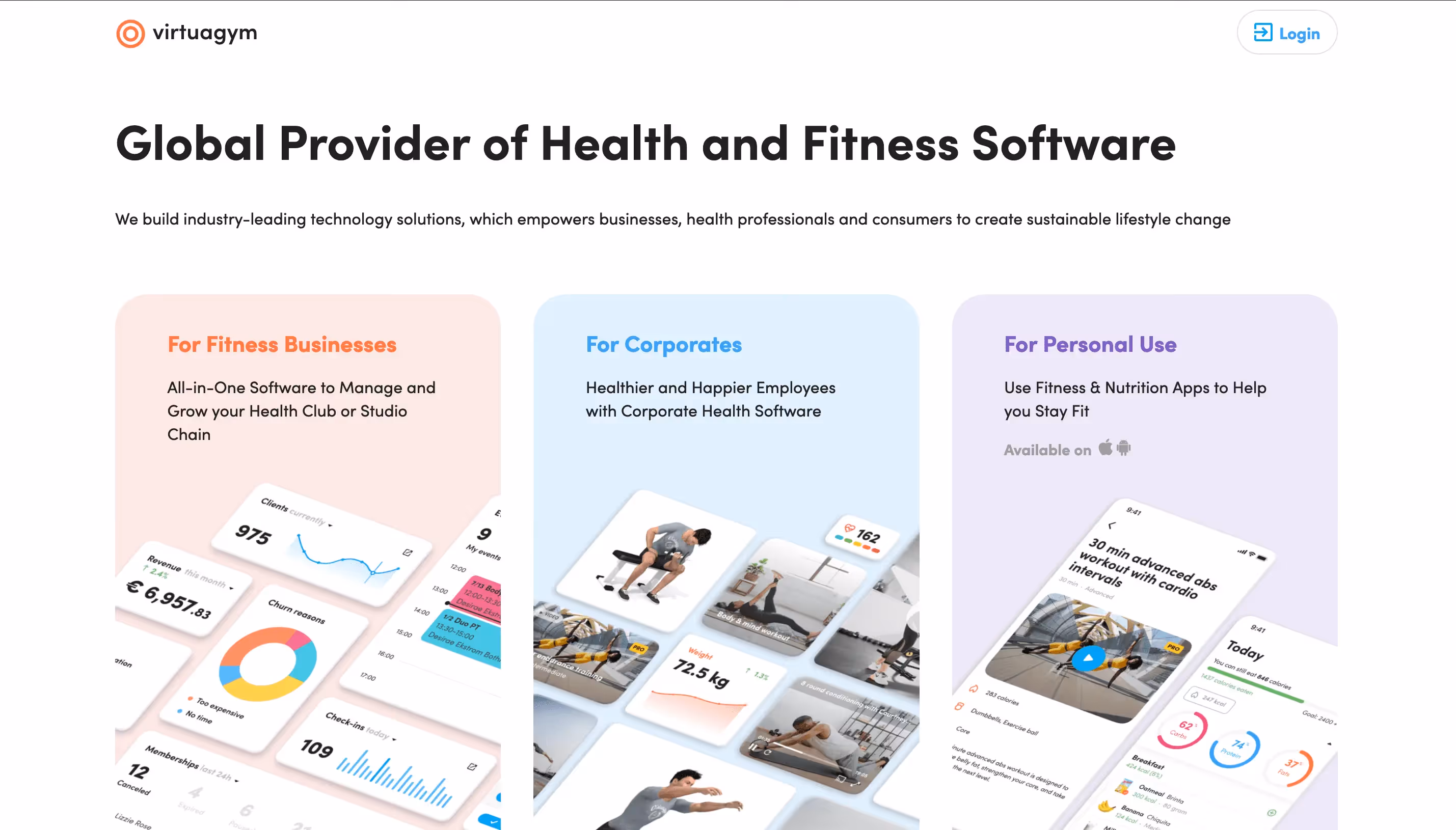 Página principal de Virtuagym, 'Proveedor global de software de salud y fitness'. Secciones para negocios y uso personal. Fondo claro, estadísticas.