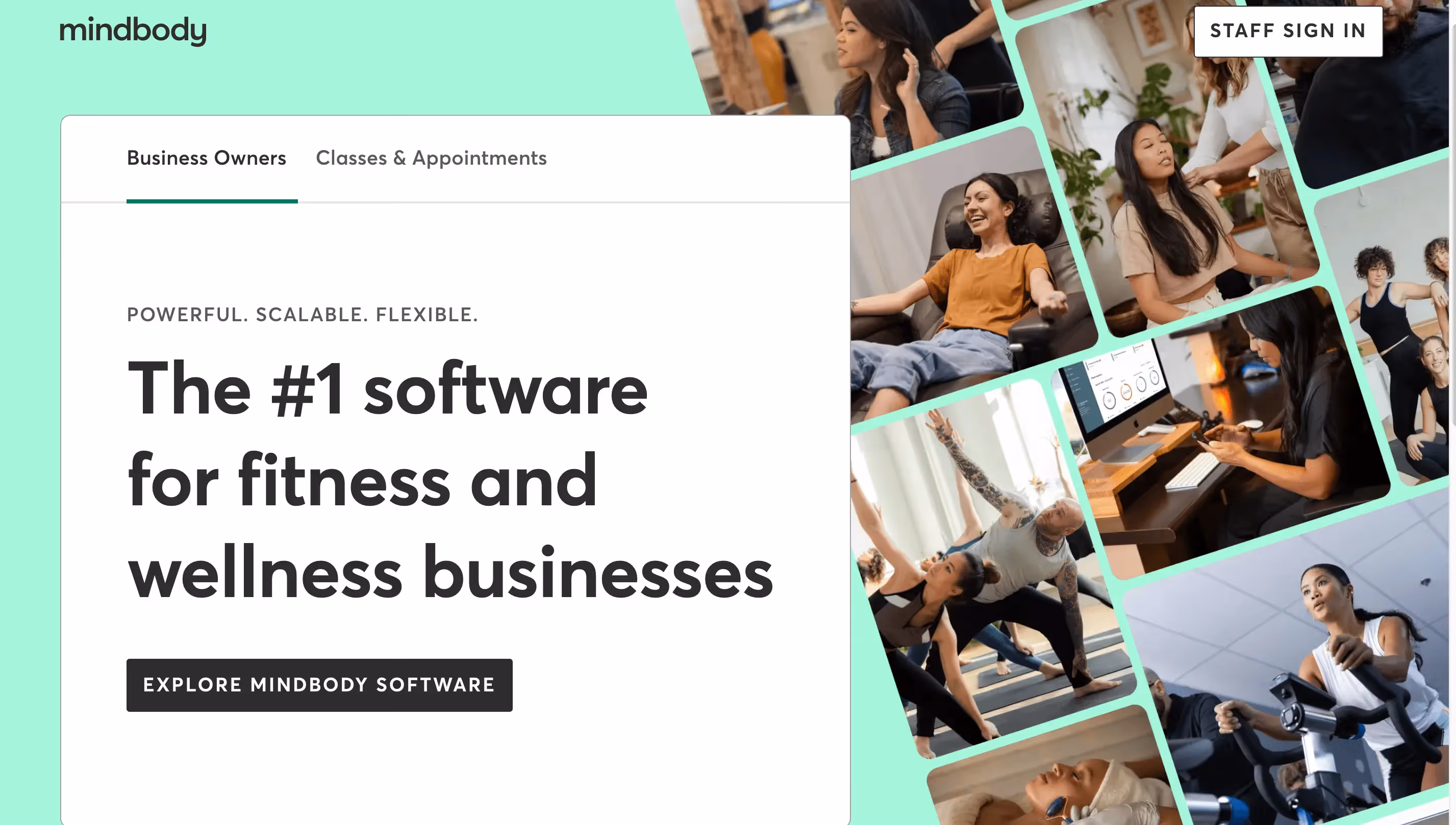 Mindbody homepage with collage of fitness and wellness activities. Title: 'The #1 software for fitness and wellness businesses'.