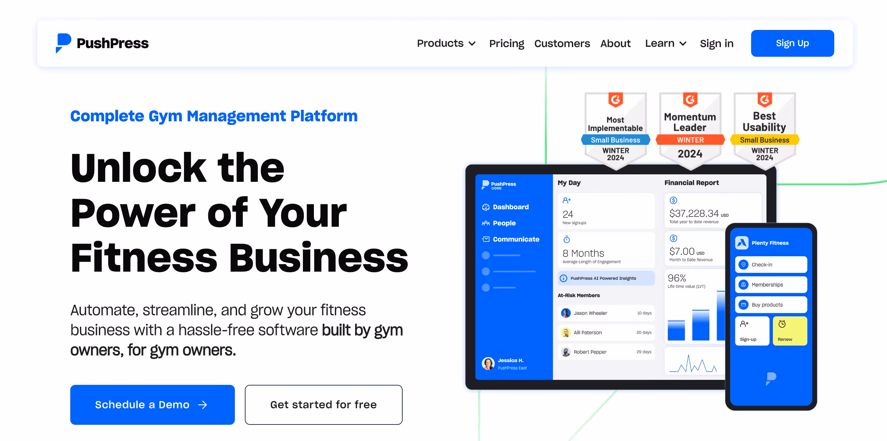 Homepage of PushPress, a gym management platform, showcasing features and mobile app interface.
