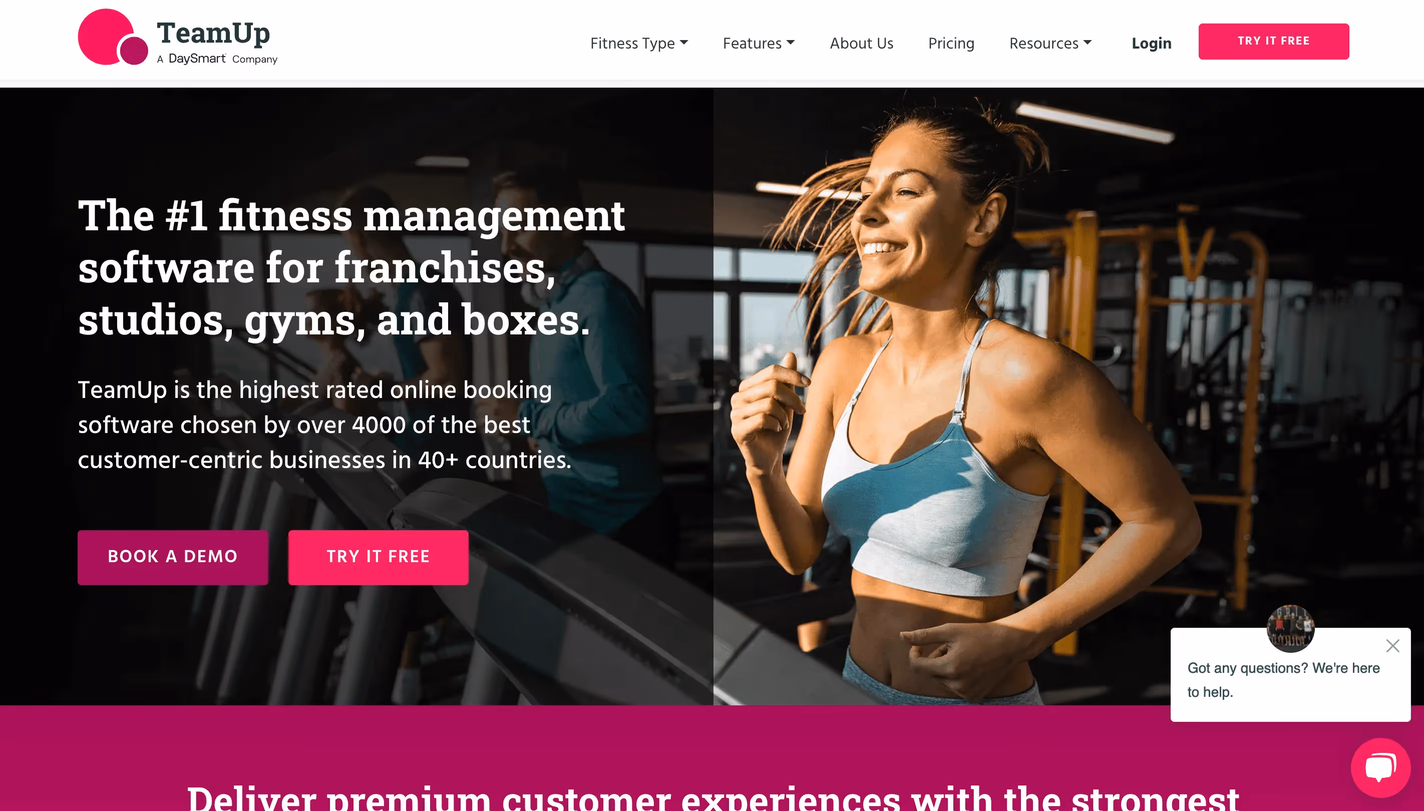 TeamUp homepage for fitness management software, promoting booking for franchises, studios, gyms, and boxes with demo and free trial options.