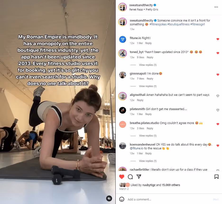 Social media post: Mindbody has a monopoly on the fitness industry  but there are better alternatives like Fitune