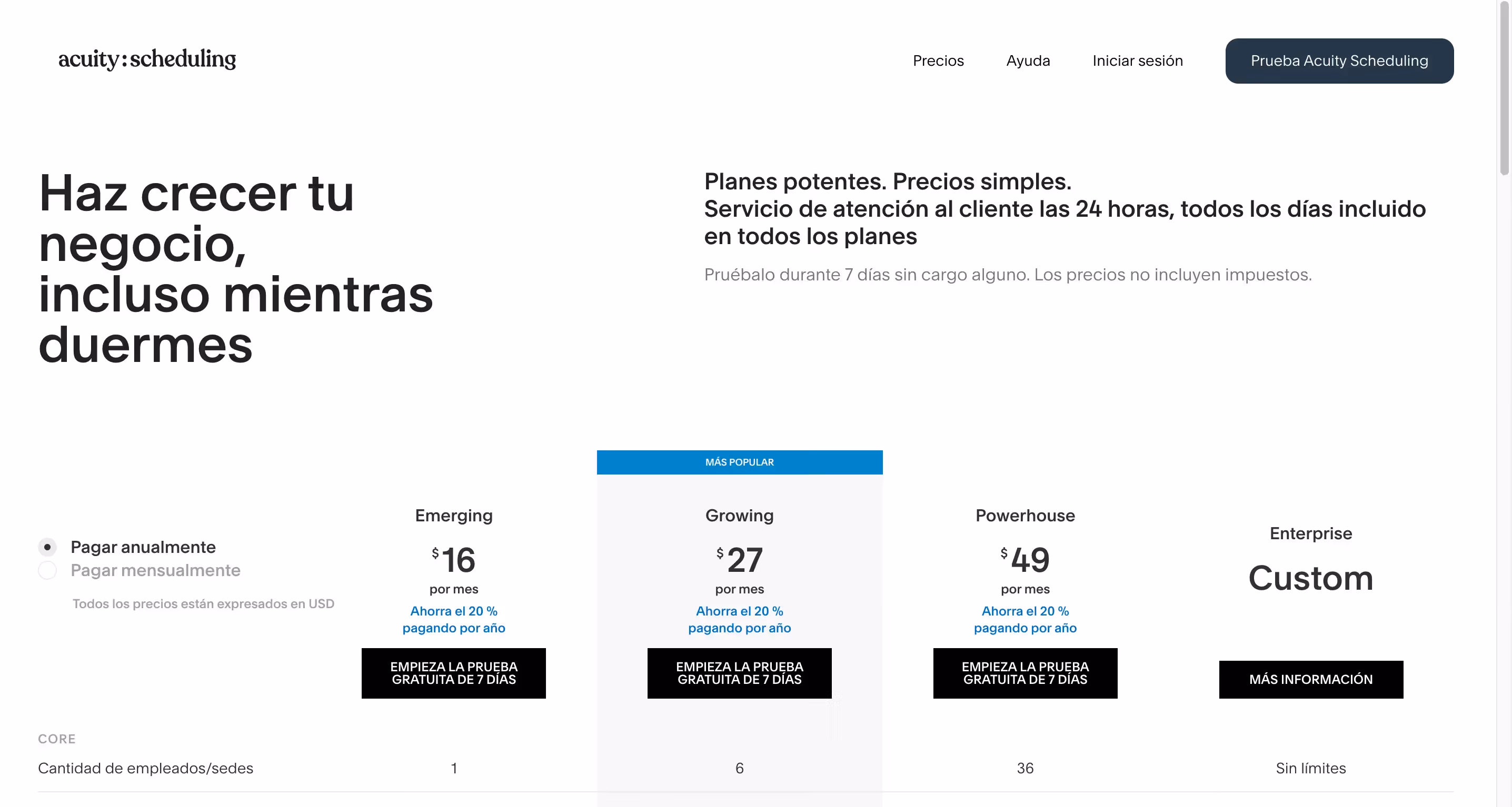 Sitio web de Acuity Scheduling mostrando lema de crecimiento empresarial y planes de suscripción en español