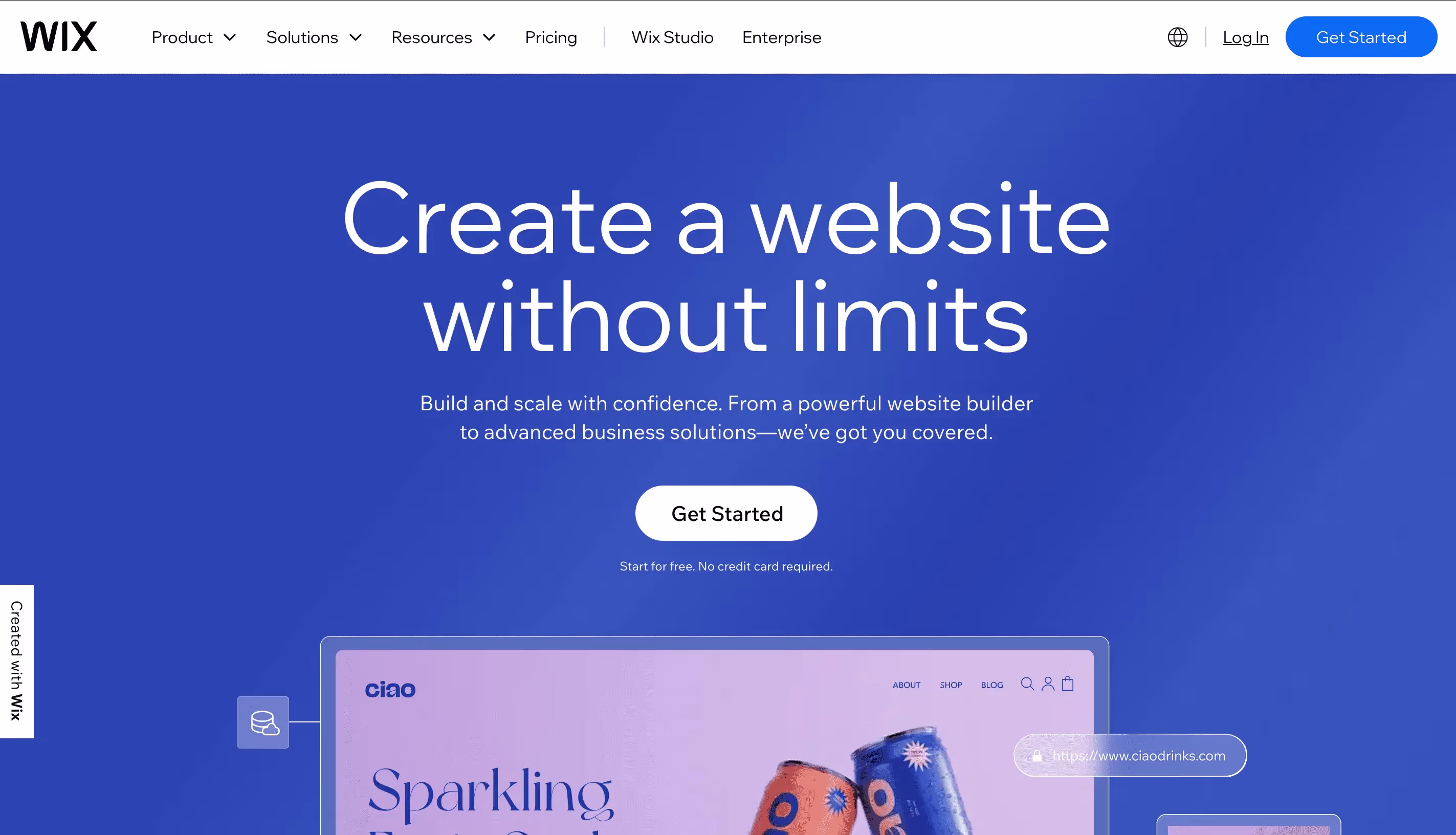 Wix homepage promoting website creation without limits, offering a powerful builder and business solutions. "Get Started" button with no credit card required.
