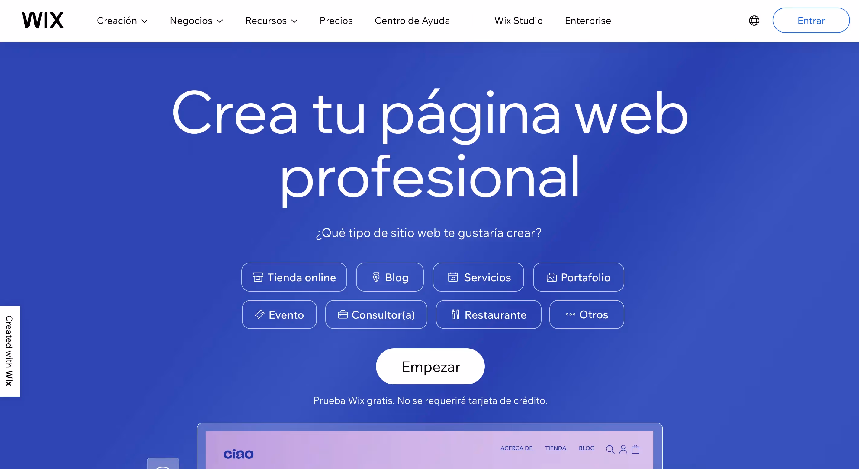 Página de inicio de Wix con opciones para crear diferentes tipos de sitios web profesionales. Prueba gratuita disponible