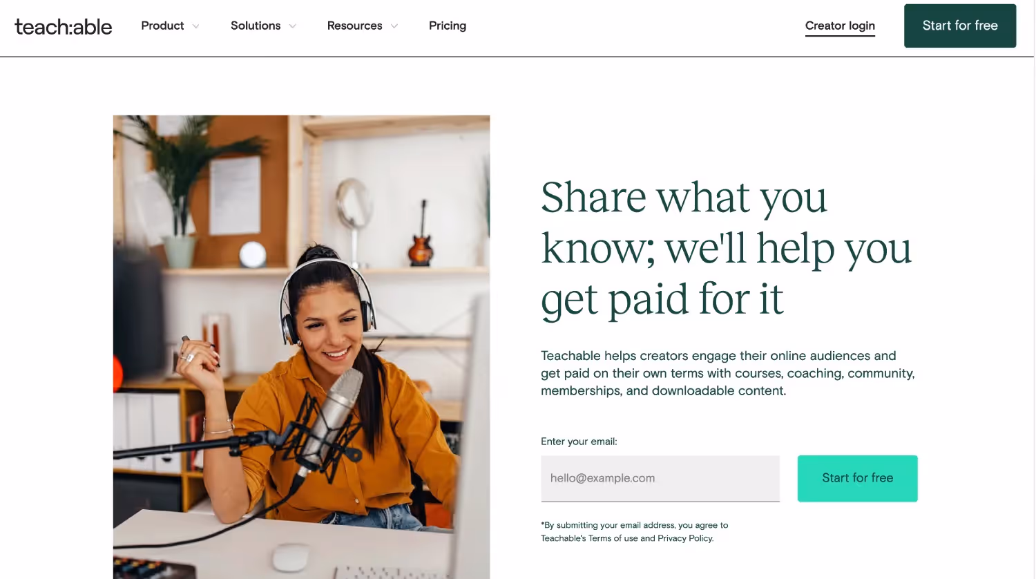 Teachable homepage featuring a woman with headphones and microphone, promoting creator earnings