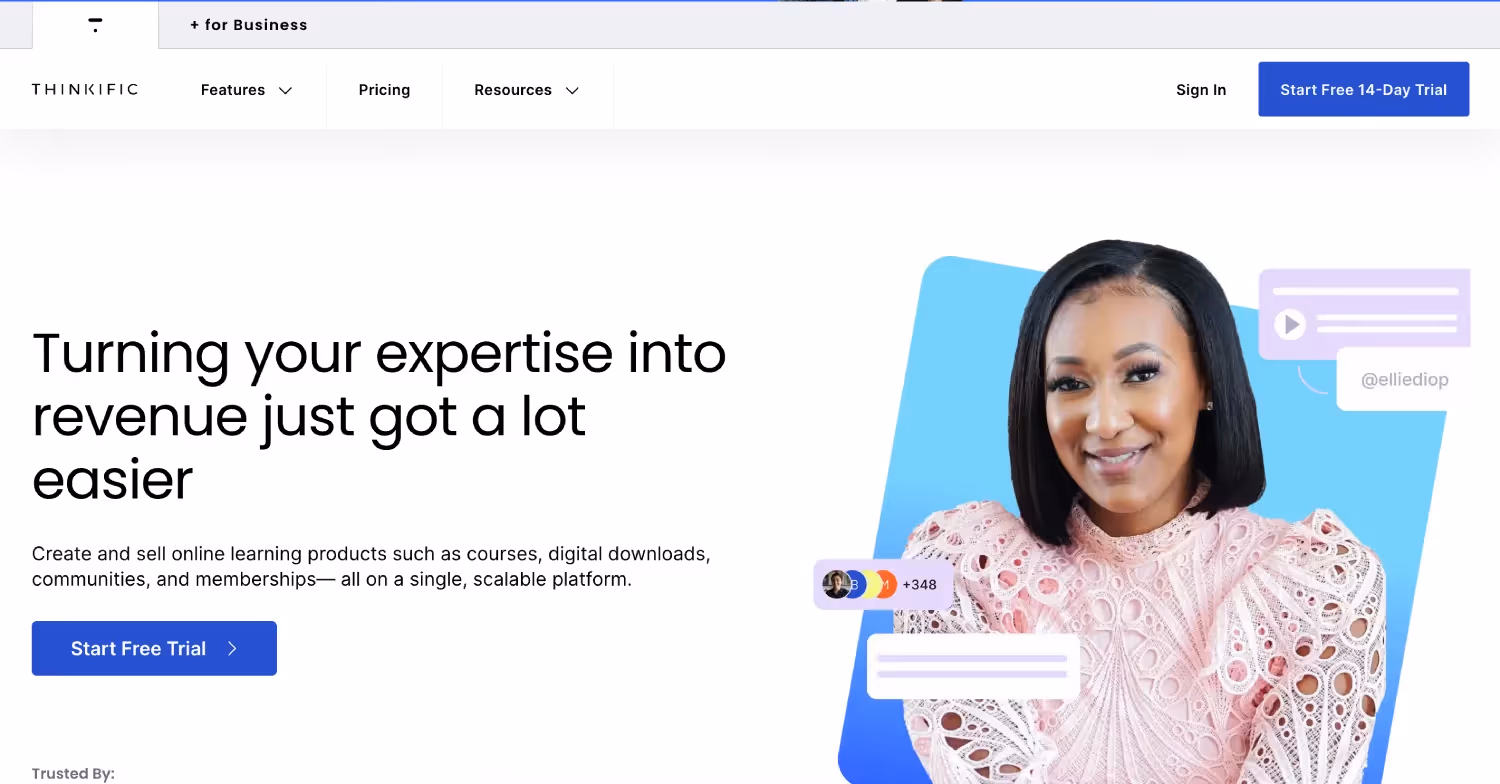 Thinkific website homepage featuring a woman promoting easy revenue generation from expertise with a free trial button
