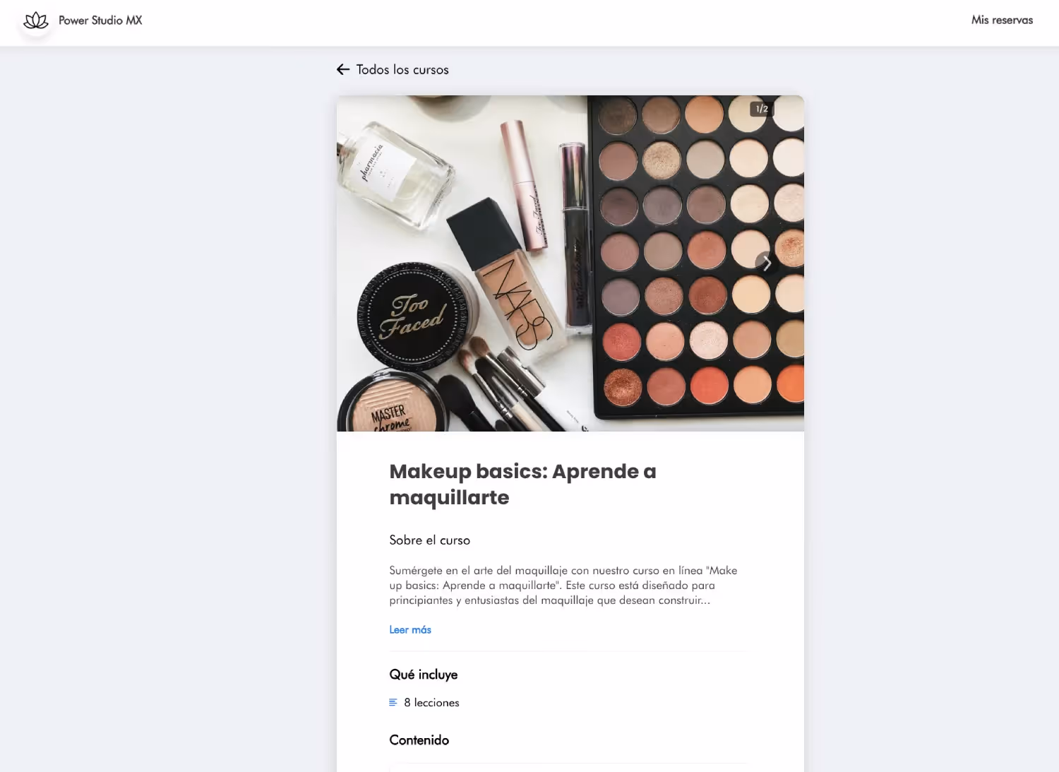 ágina de curso en línea mostrando productos de maquillaje y detalles del curso 'Makeup basics: Aprende a maquillarte'v