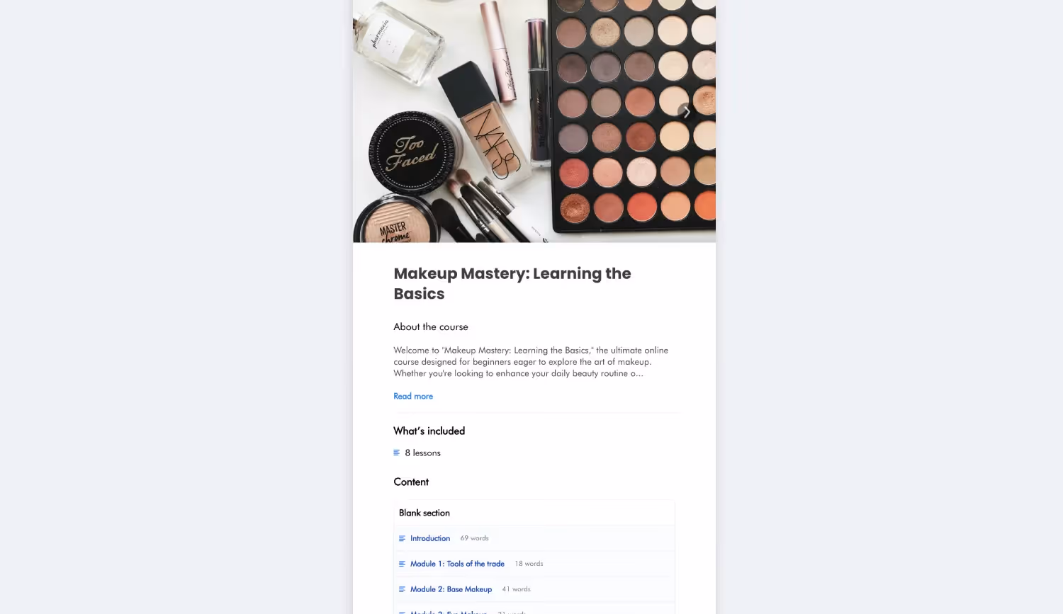 Fitune's page for a makeup course. It shows a make up image, the course description and the course content
