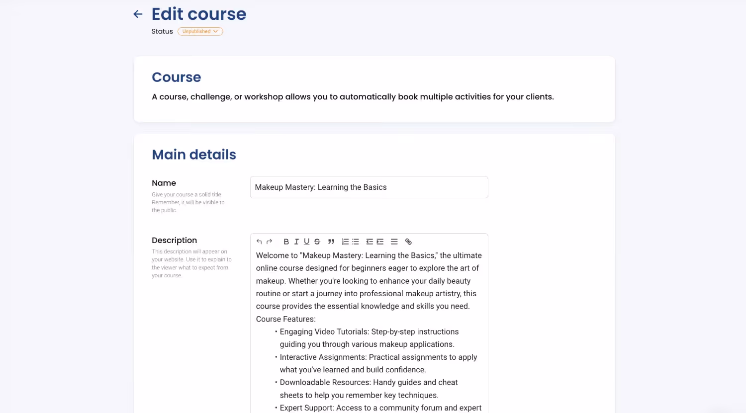 Fitune course builder with a friendly use interface. It shows boxes to add the course name and description