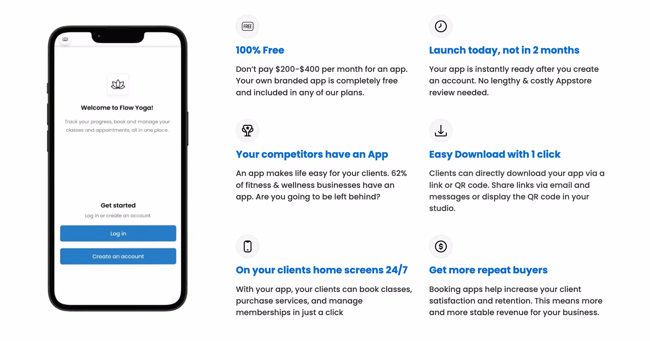 Fitune client app, 100% free, launch today, not in 2 months, keep up with your competitors, easy 1-click download, stay on your client's screens 24/7, get more repeated buyers