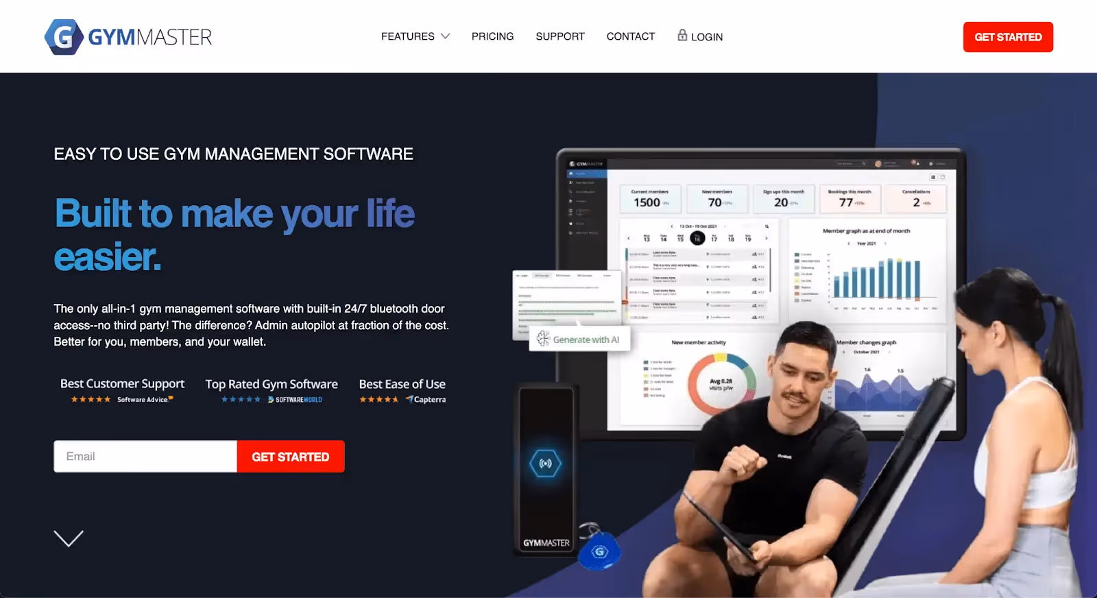 GymMaster homepage displaying gym management software with features, reviews, activity chart, and get started button.