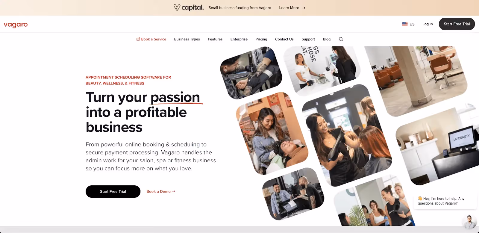 Página de inicio del sitio web de Vagaro mostrando su oferta de software de programación de citas para negocios de belleza, bienestar y fitness. El encabezado grande dice 'Turn your passion into a profitable business', acompañado de imágenes en mosaico que muestran diversas actividades como tatuajes, peluquería, y clases de fitness en diferentes establecimientos. Se destaca la funcionalidad de reservas online y procesamiento de pagos seguro. Los botones ofrecen iniciar una prueba gratuita o agendar una demostración. La interfaz es limpia y moderna con un fondo predominantemente blanco