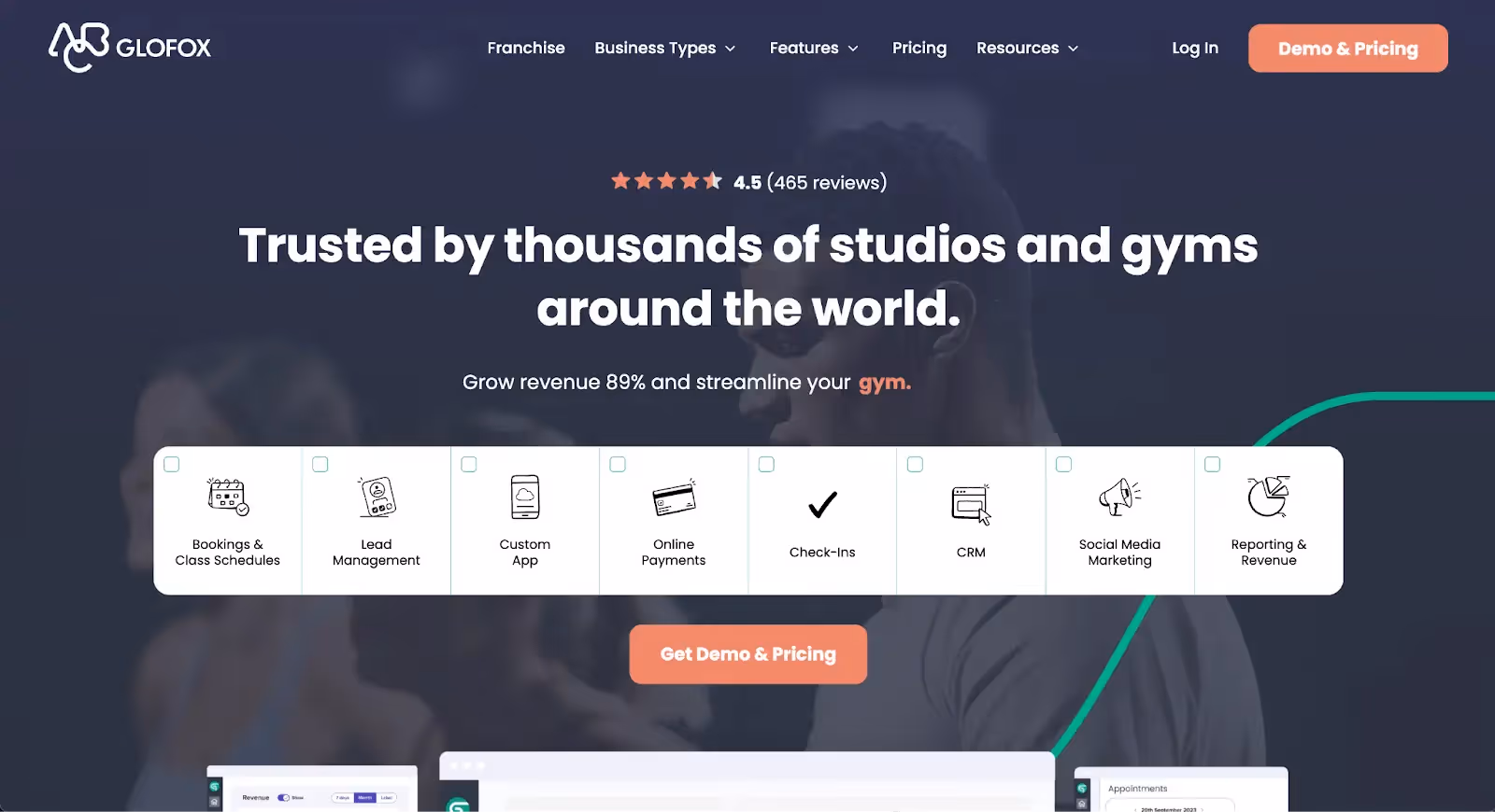 "Página principal de Glofox destacando su fiabilidad con una calificación de 4.5 estrellas de 465 reseñas. El título 'Trusted by thousands of studios and gyms around the world' se muestra sobre un fondo oscuro con una silueta de personas haciendo ejercicio. Debajo, un eslogan promete 'Grow revenue 89% and streamline your gym' con iconos y descripciones de características como gestión de reservas y clases, pagos en línea, check-ins, CRM, marketing en redes sociales y análisis de ingresos. Un botón naranja invita a obtener una demostración y precios."