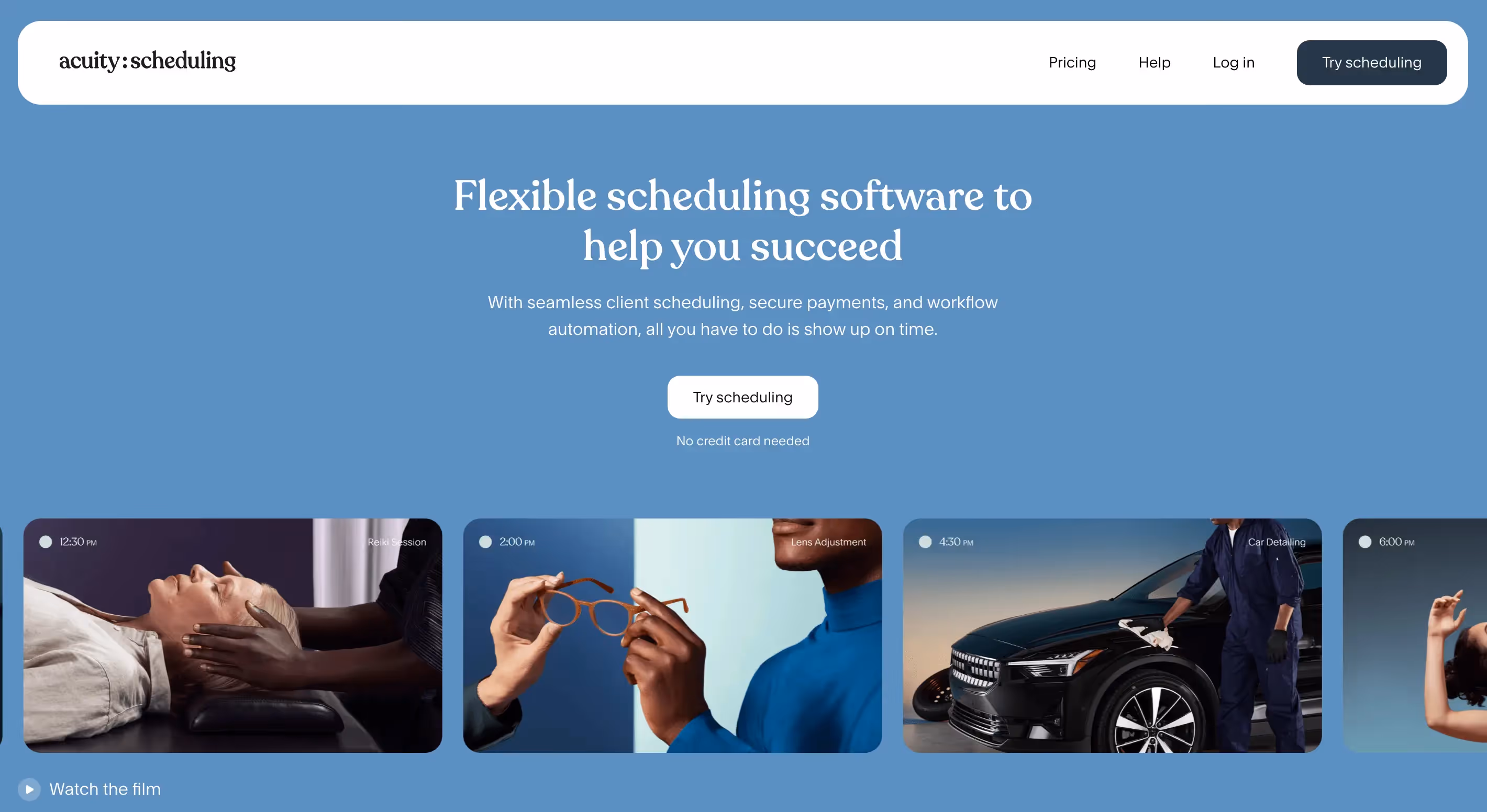 Acuity Scheduling homepage promoting flexible scheduling software with client booking, secure payments, and workflow automation. Try scheduling button.
