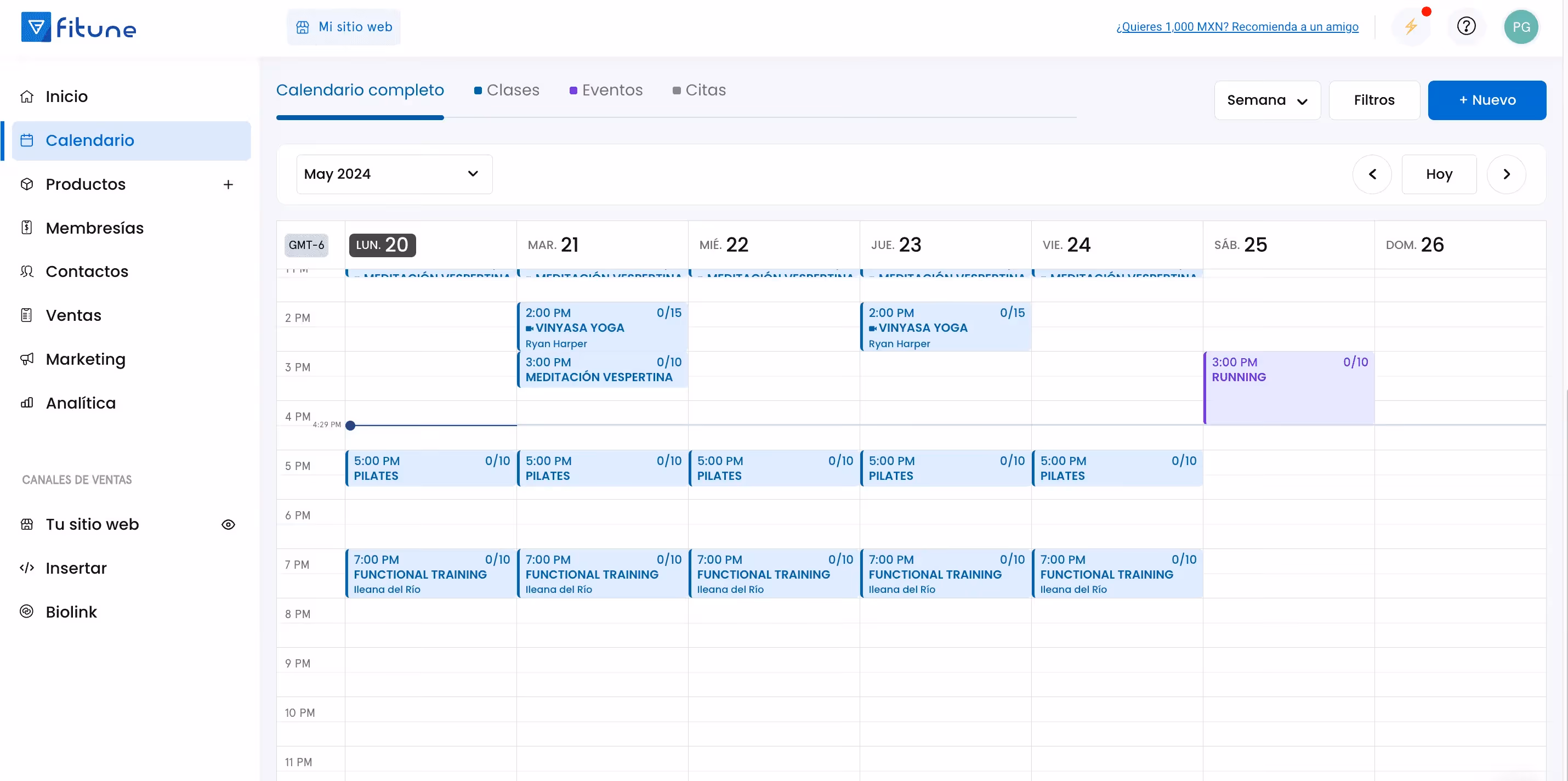 Vista semanal en Fitune: calendario de clases como yoga y pilates del 20 al 26 de mayo 2024, con horarios, tipos e instructores