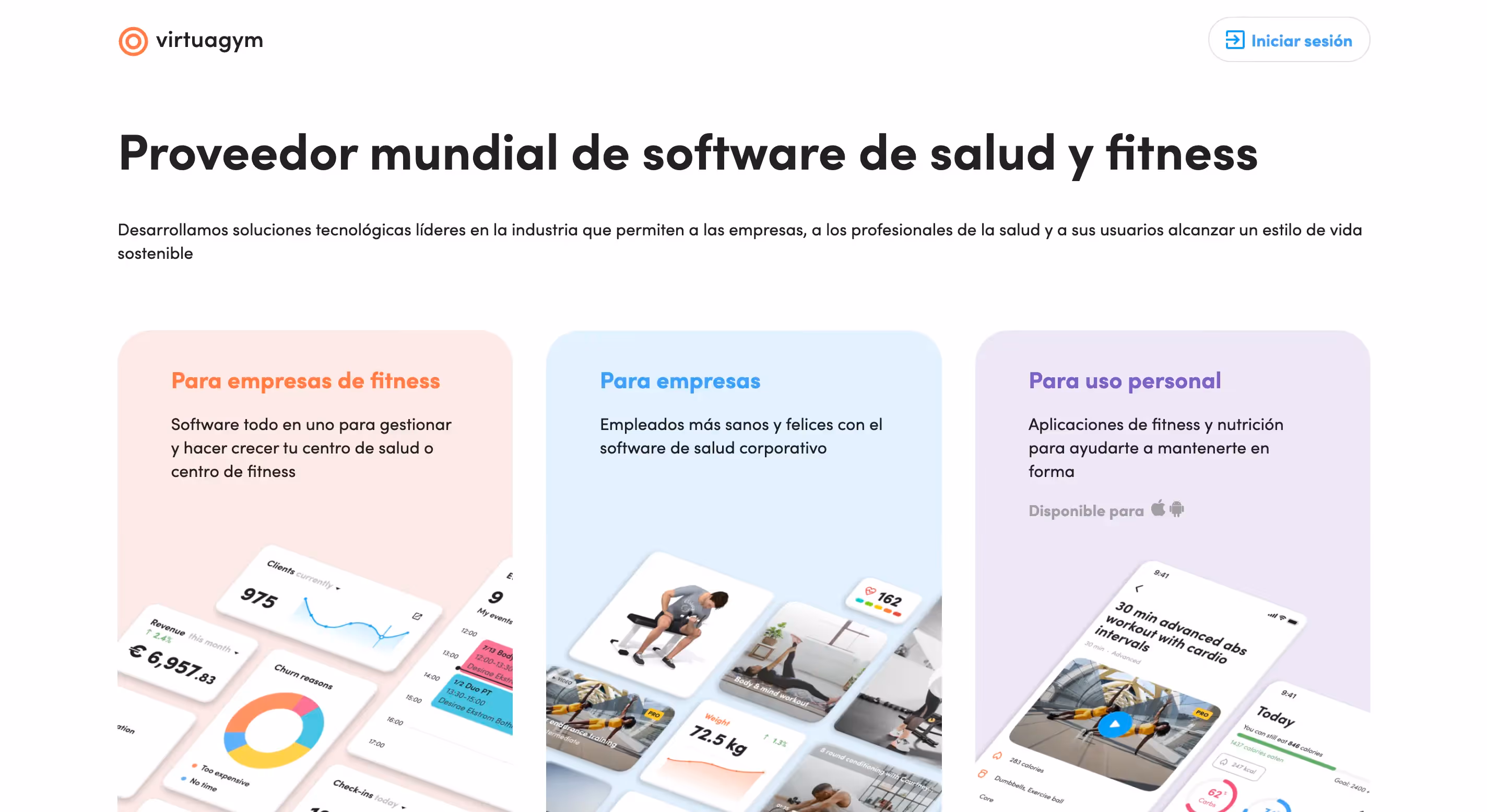 Inicio de Virtuagym, 'Proveedor mundial de software de salud y fitness'. Secciones para empresas y uso personal. Fondo claro, estadísticas.