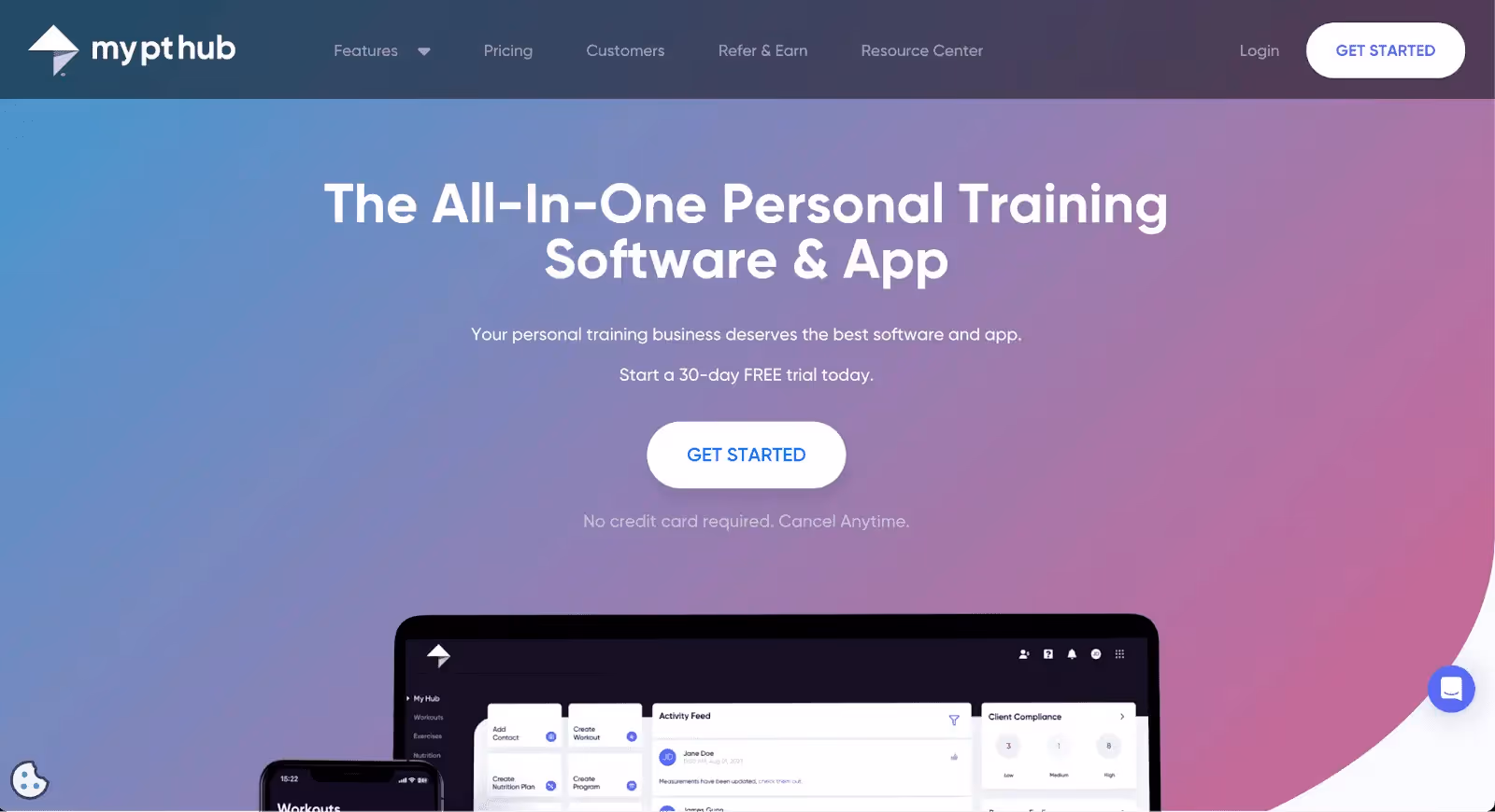 Página de inicio de MyPTHub con software y app de entrenamiento personal todo en uno, con una prueba gratuita de 30 días y sin necesidad de tarjeta de crédito.