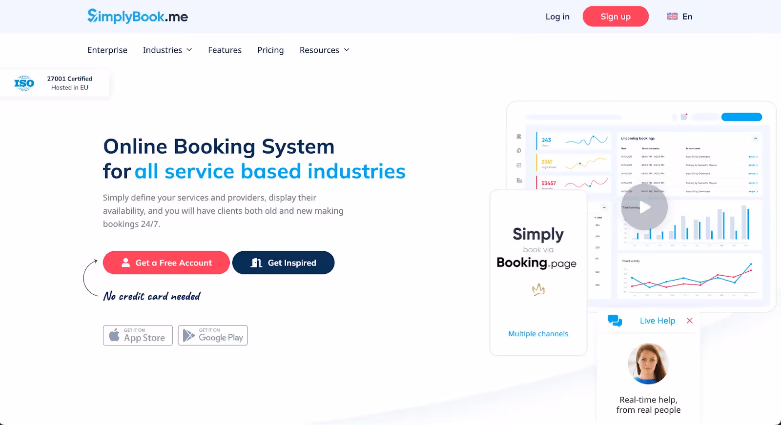 SimplyBook.me homepage with an online booking system for service industries, featuring a free account option and availability display.