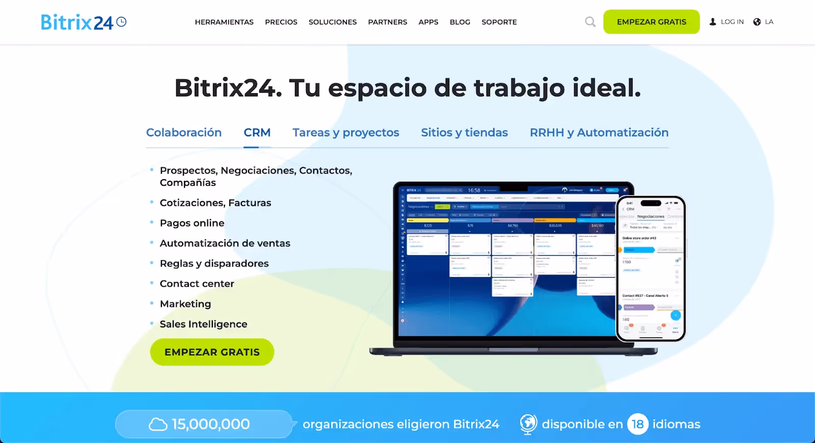 Bitrix24 homepage showcasing an ideal workspace with CRM, collaboration, tasks, projects, online payments, and automation tools.