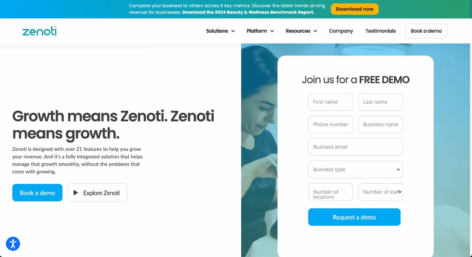 Zenoti homepage offering growth management software with a free demo sign-up form, highlighting features to increase revenue and manage growth smoothly.