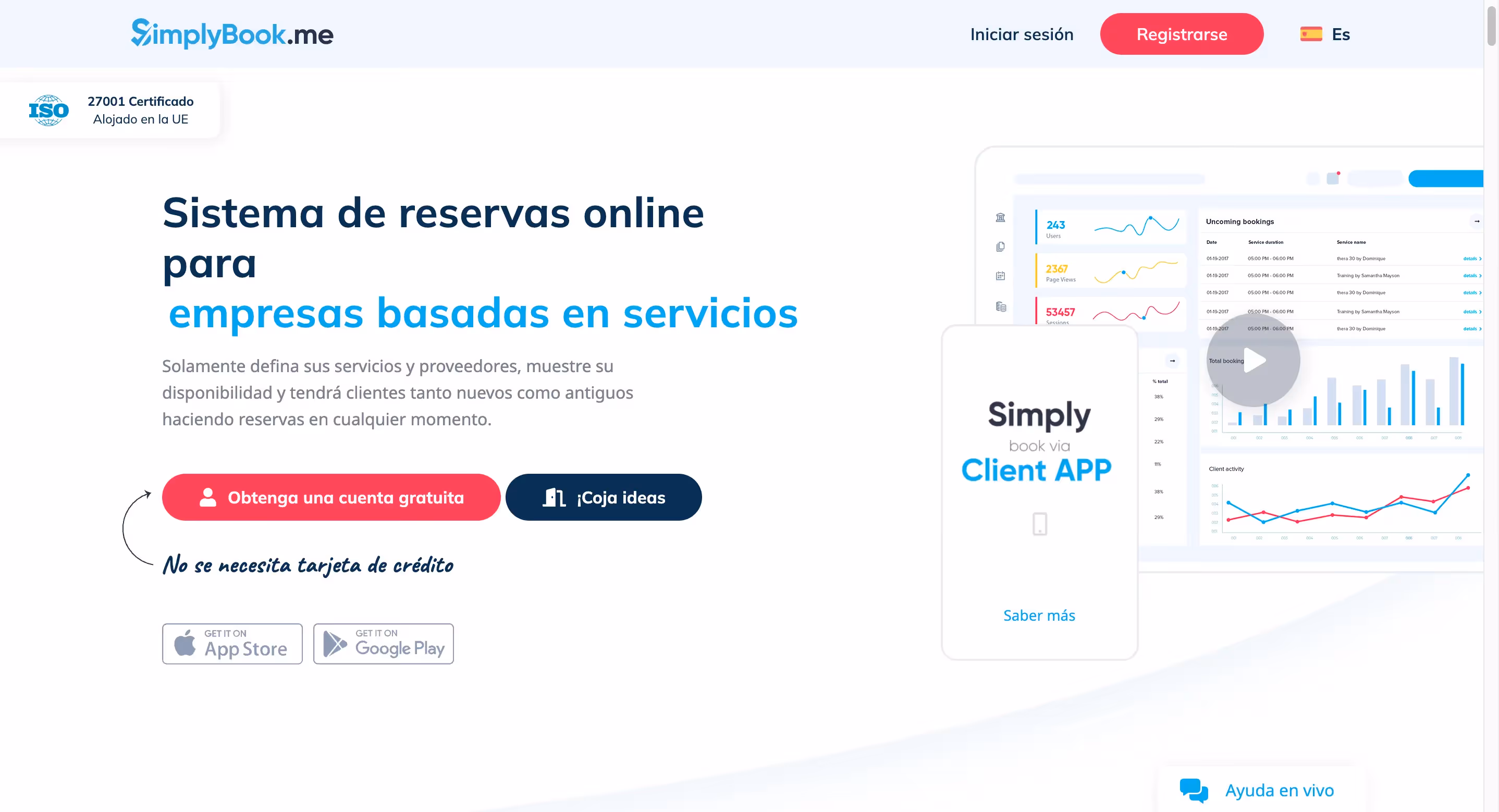 Página de SimplyBook.me mostrando sistema de reservas online para empresas de servicios