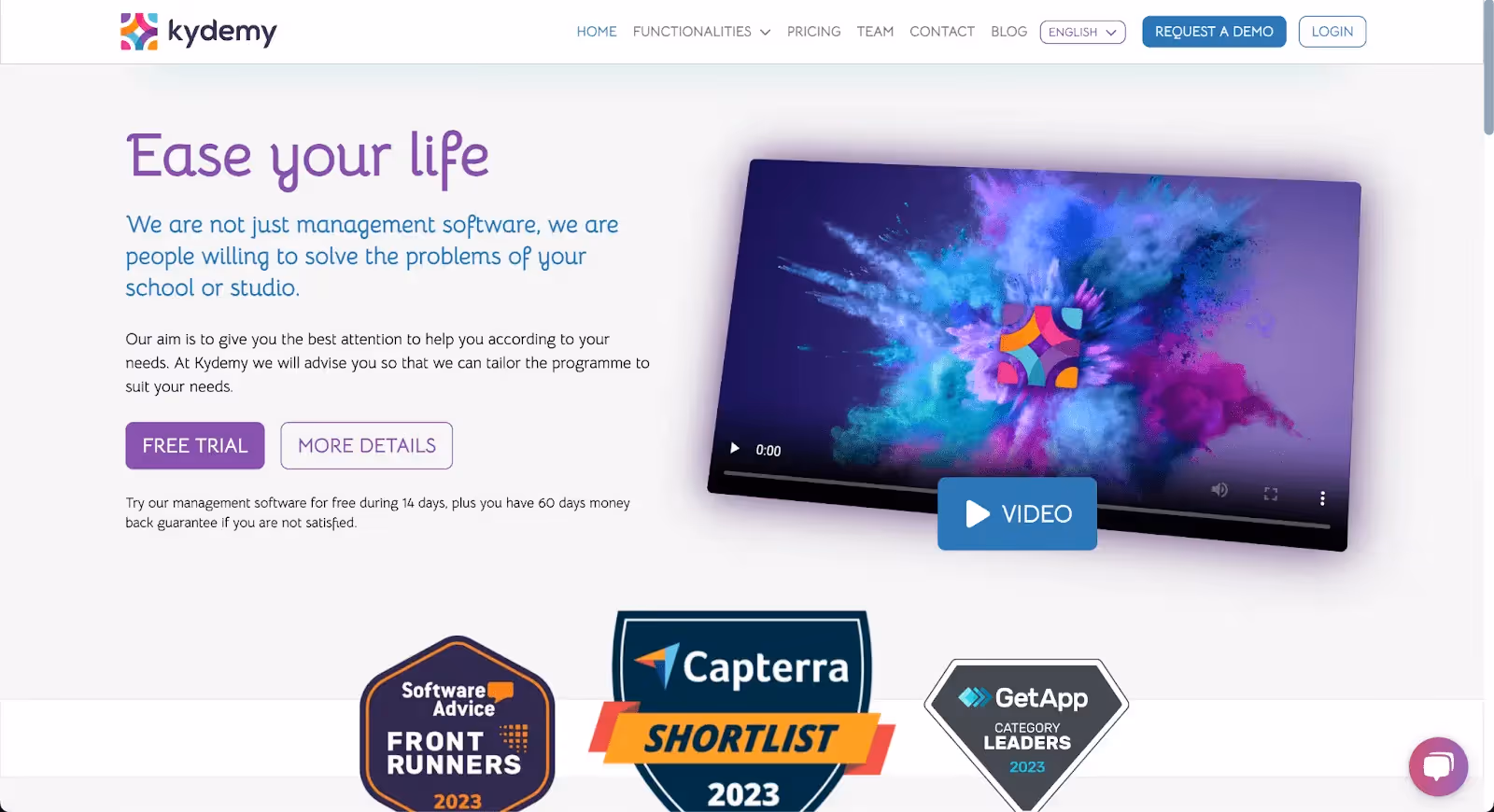 Kydemy homepage offering management software for schools/studios with a free trial, video preview, and various software awards displayed.