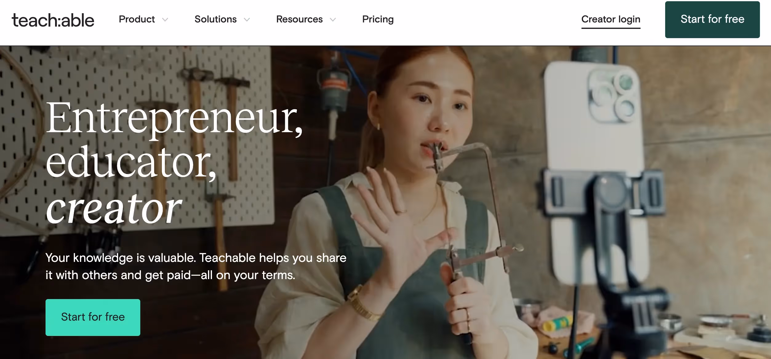 Teachable, online course creation platform homepage