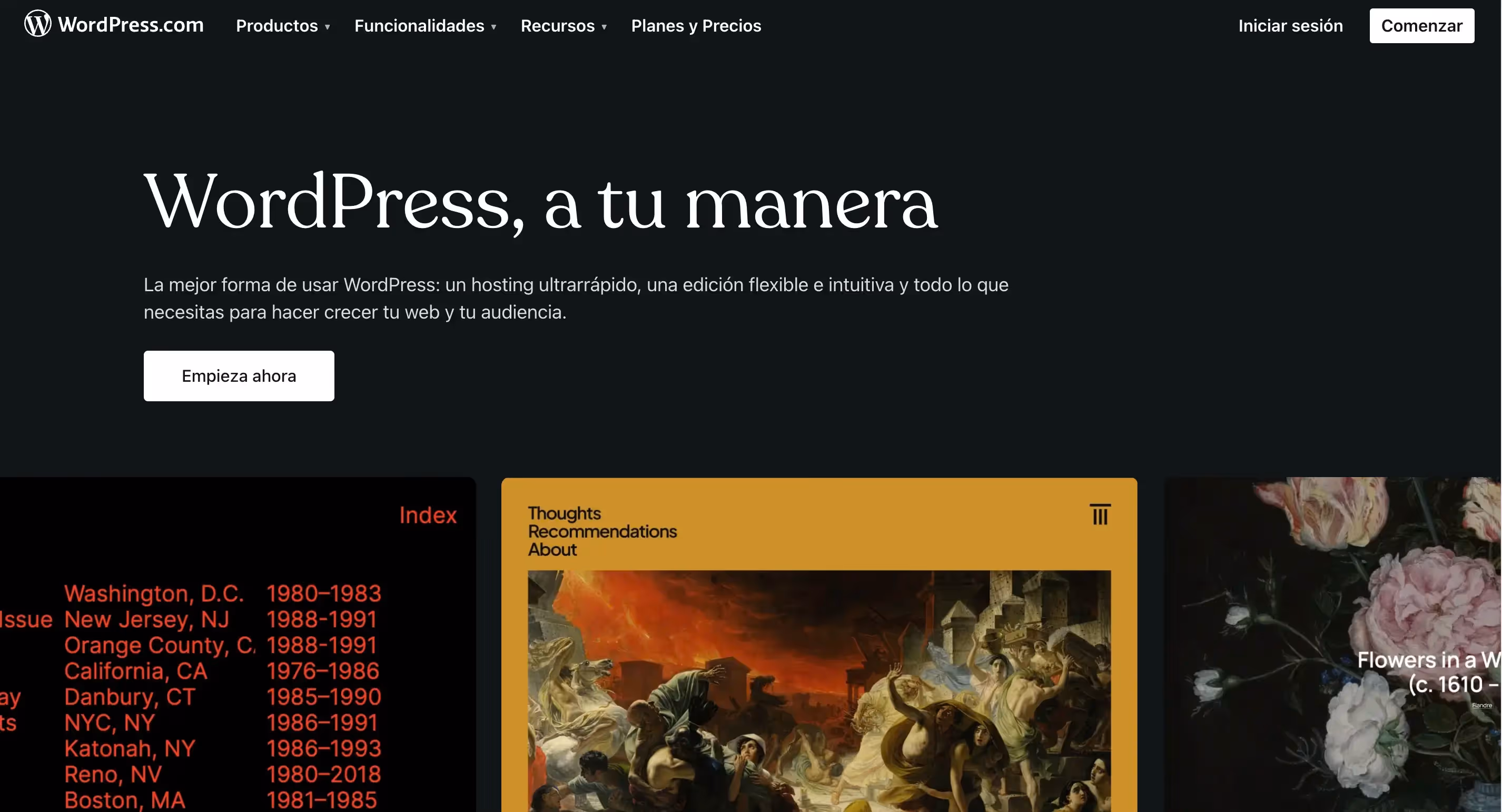 Página de inicio de WordPress ofreciendo hosting rápido y edición intuitiva para crecer tu web y audiencia