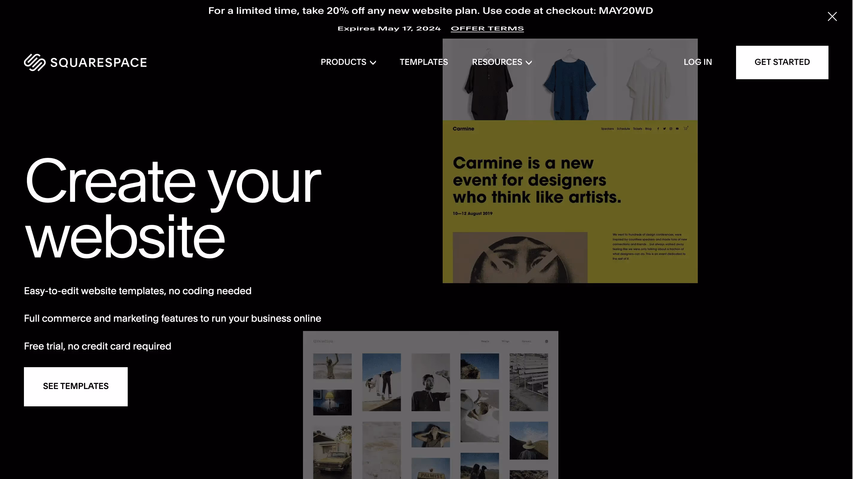 Página de inicio de Squarespace ofreciendo plantillas web fáciles de editar sin necesidad de programar. Prueba gratuita.