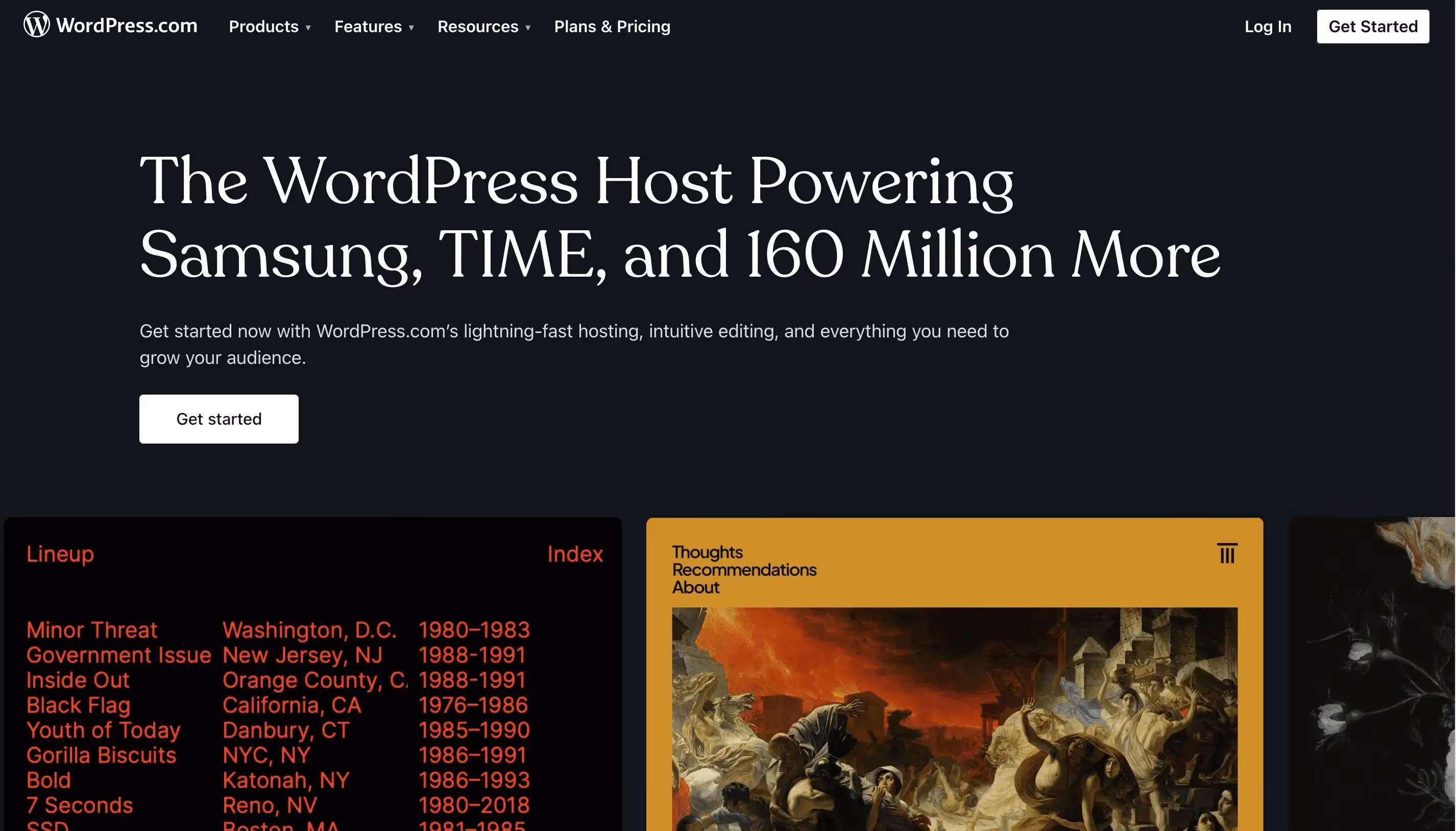  WordPress homepage highlighting hosting for major companies like Samsung and TIME, offering fast hosting, intuitive editing, and a "Get Started" button.