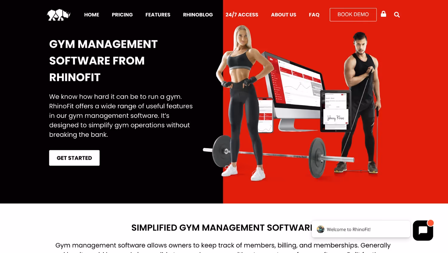 ágina de inicio del software de gestión de gimnasios RhinoFit mostrando la interfaz y modelos fitness