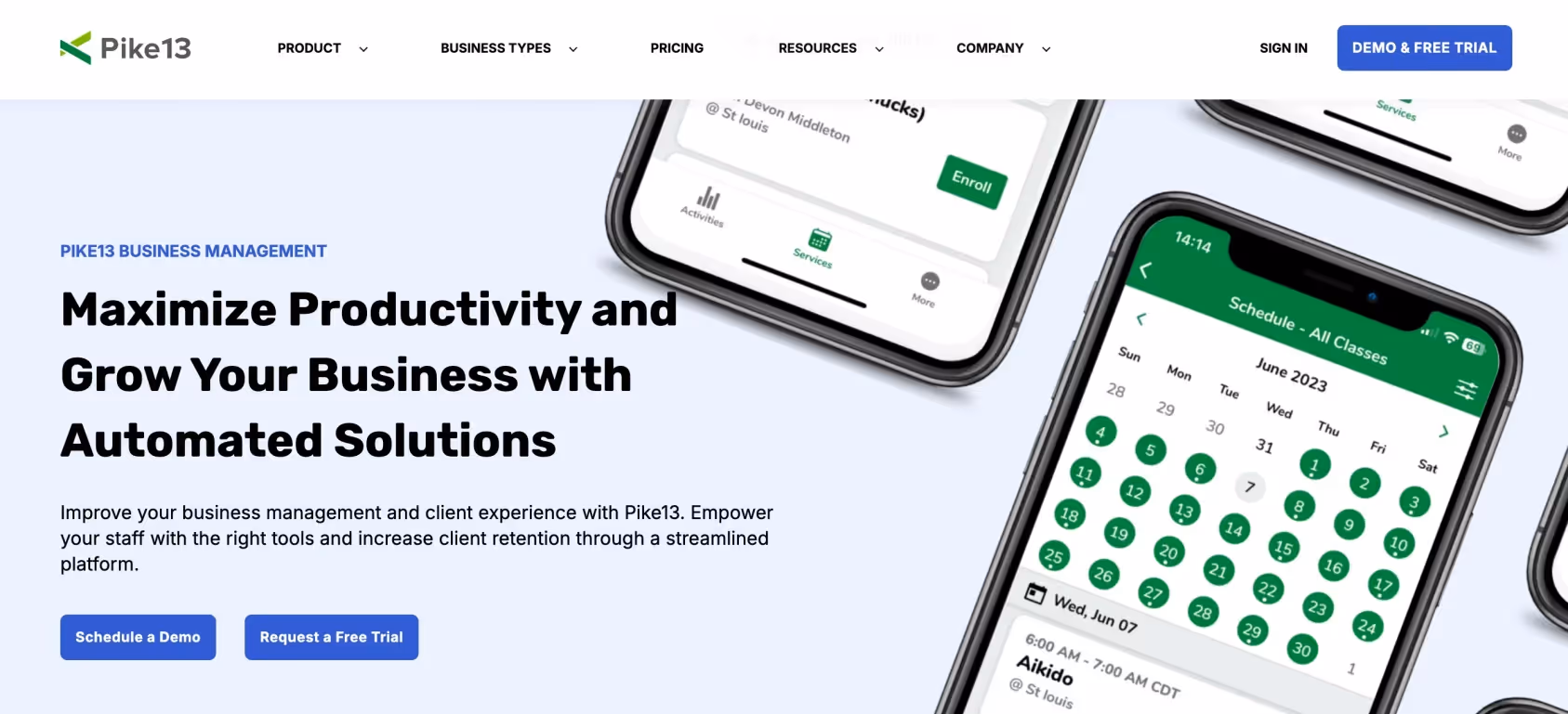 Pike 13 homepage, an automation software for business management