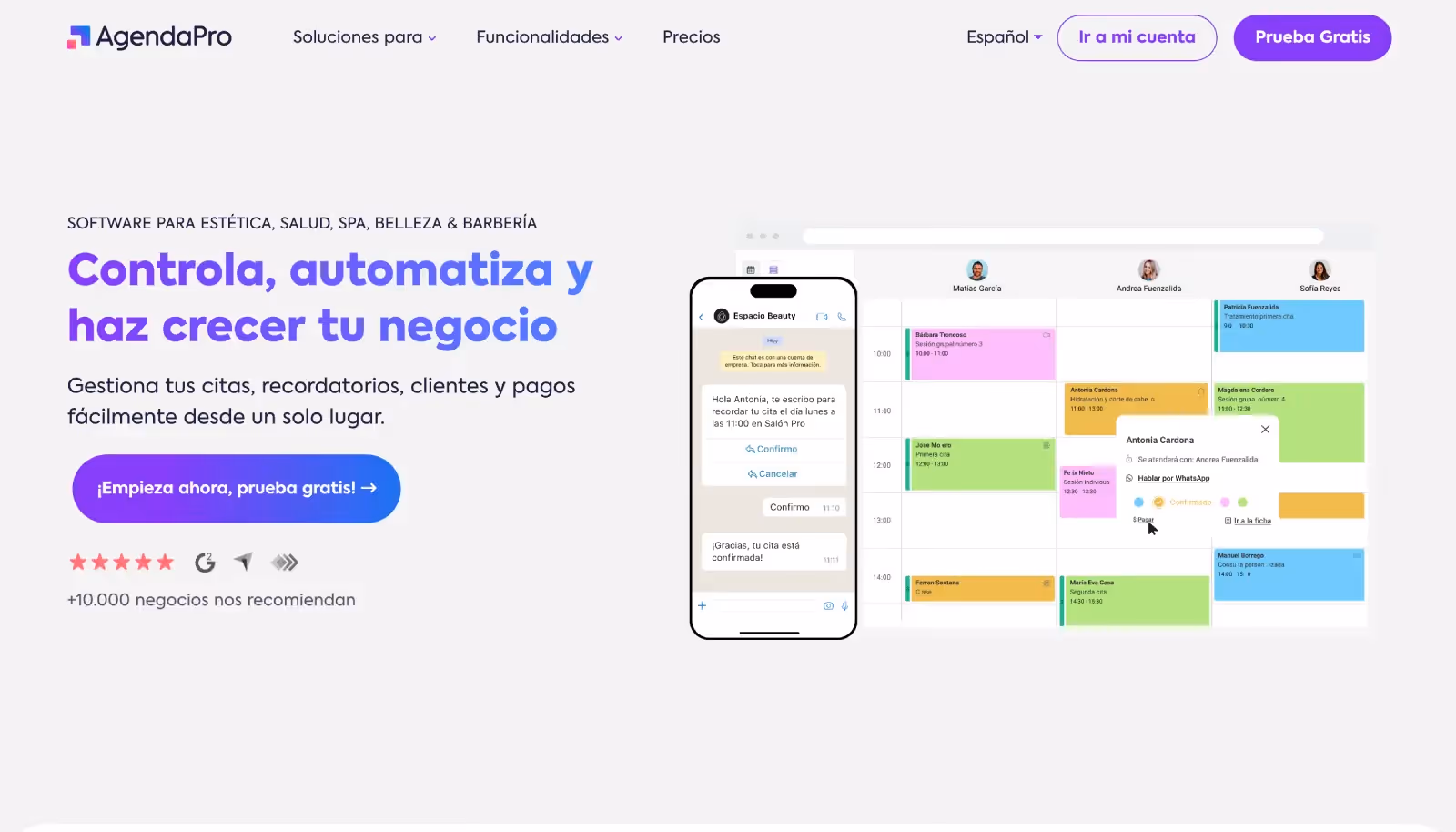 Inicio de AgendaPro: software para estética y salud. 'Controla, automatiza y haz crecer tu negocio'. Ejemplo de calendario y mensajes.
