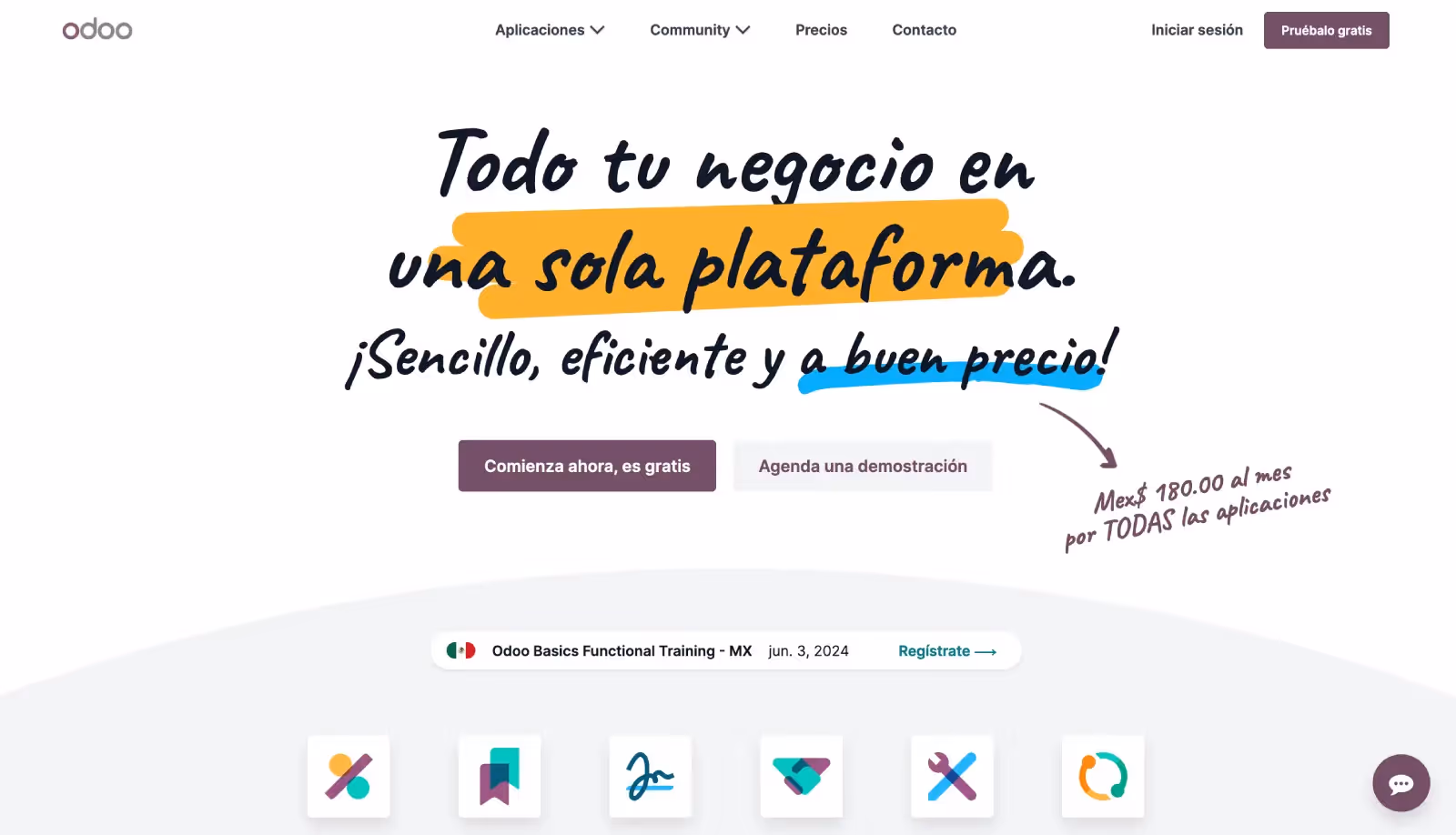 Inicio de Odoo: 'Todo tu negocio en una sola plataforma'. Botones 'Comienza ahora' y 'Agenda una demo'. Precio 180 MXN al mes.