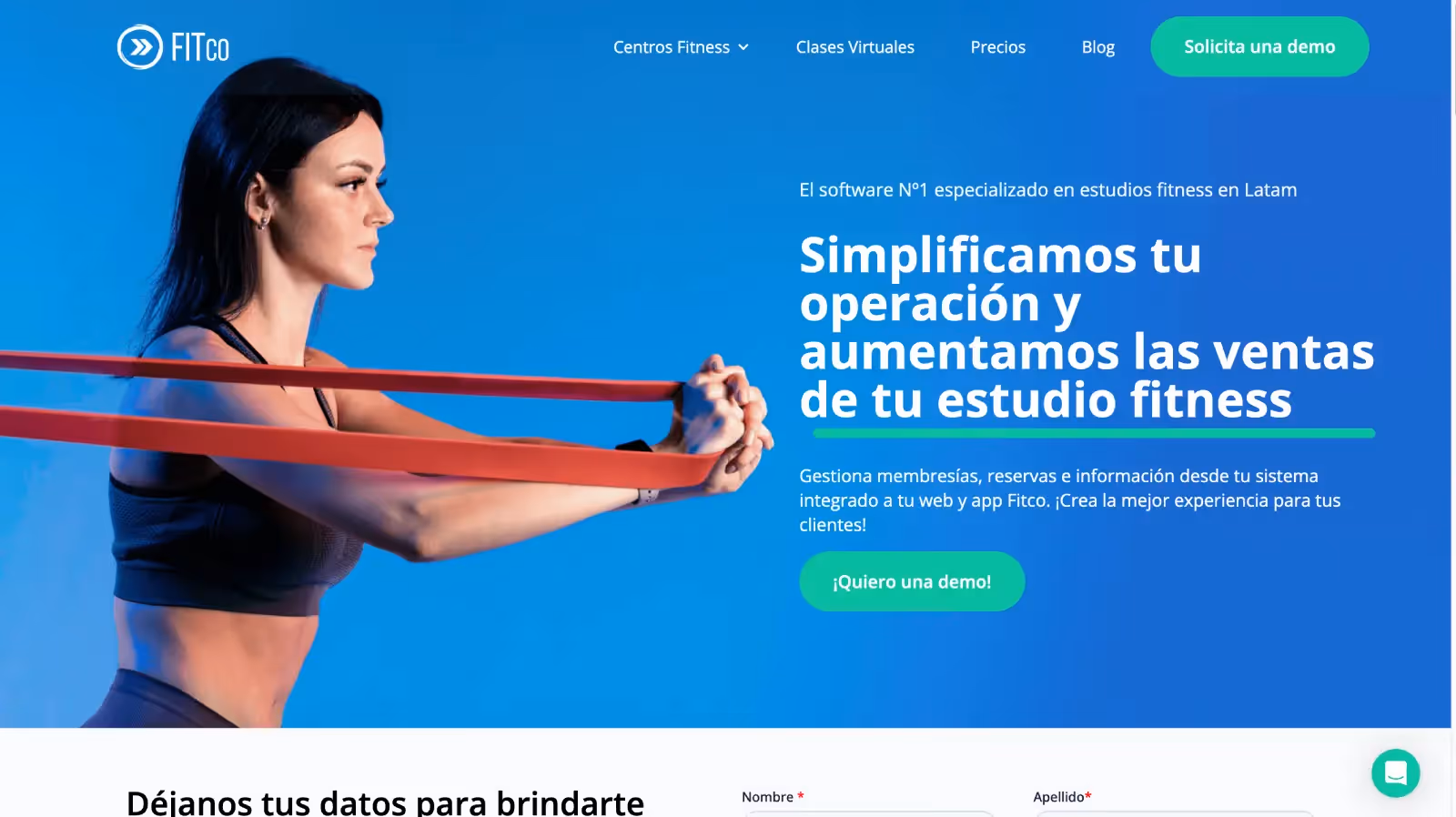 Inicio de FITco con mujer ejercitándose con banda de resistencia. Texto: 'Simplificamos tu operación y aumentamos las ventas'.