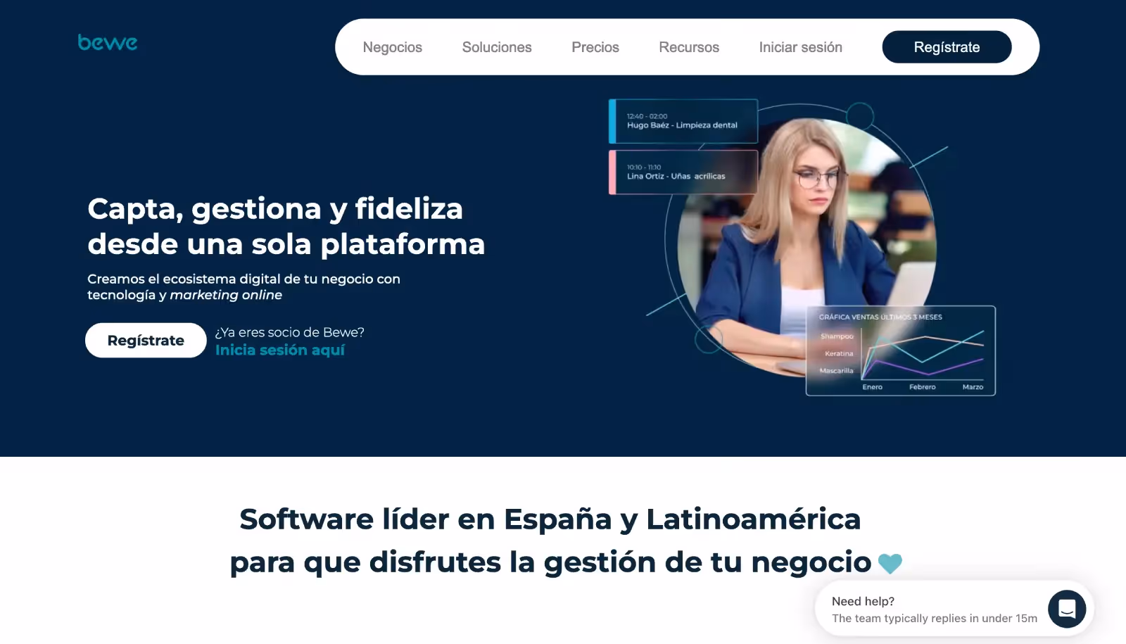Inicio de Bewe: 'Capta, gestiona y fideliza desde una sola plataforma'. Mujer con laptop, fondo azul, botones de registro e inicio.