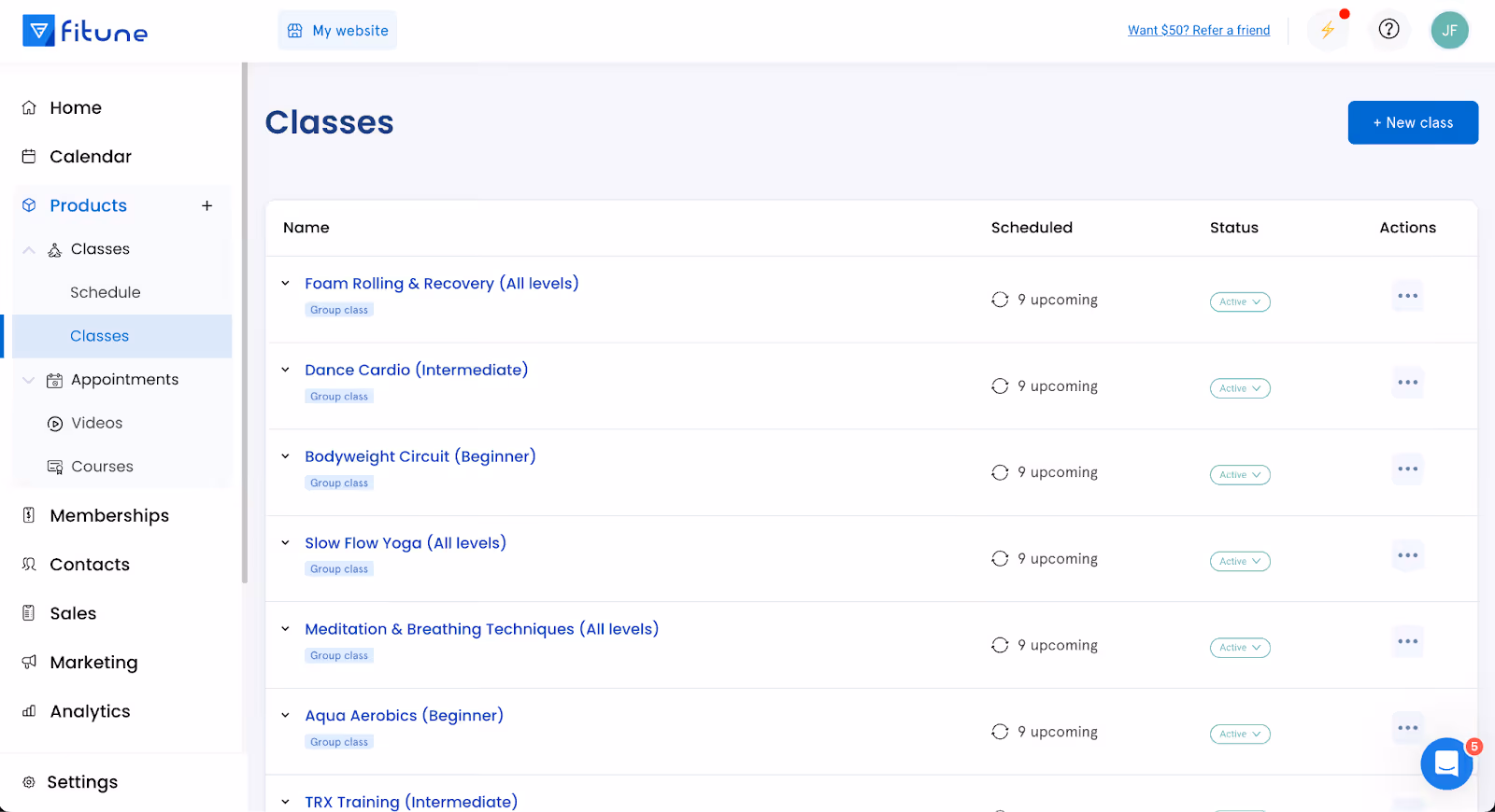 Fitune classes management screen showing a list of various fitness classes with their levels, statuses, and number of upcoming sessions.