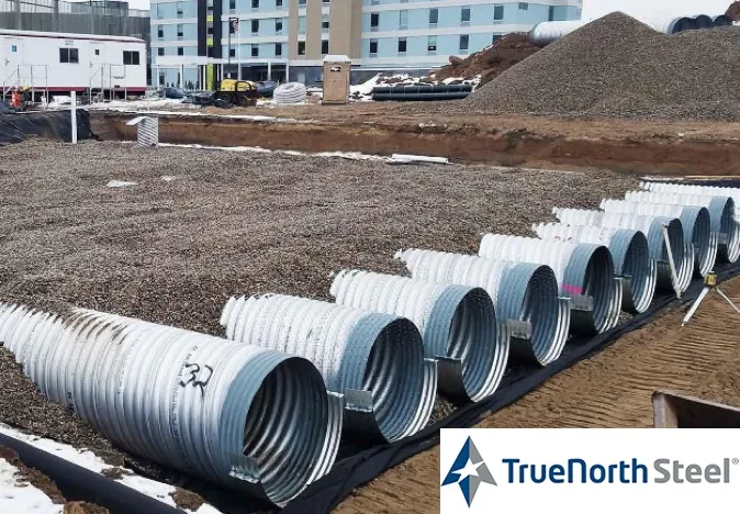 true north steel culverts lined up on construction site