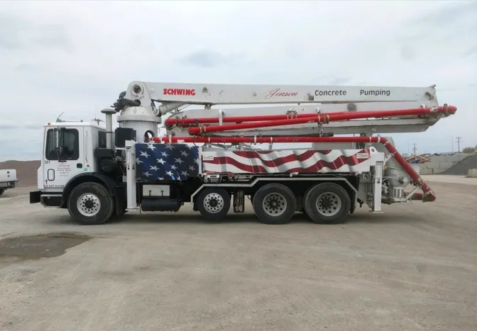 side view of pump truck with American flag decal