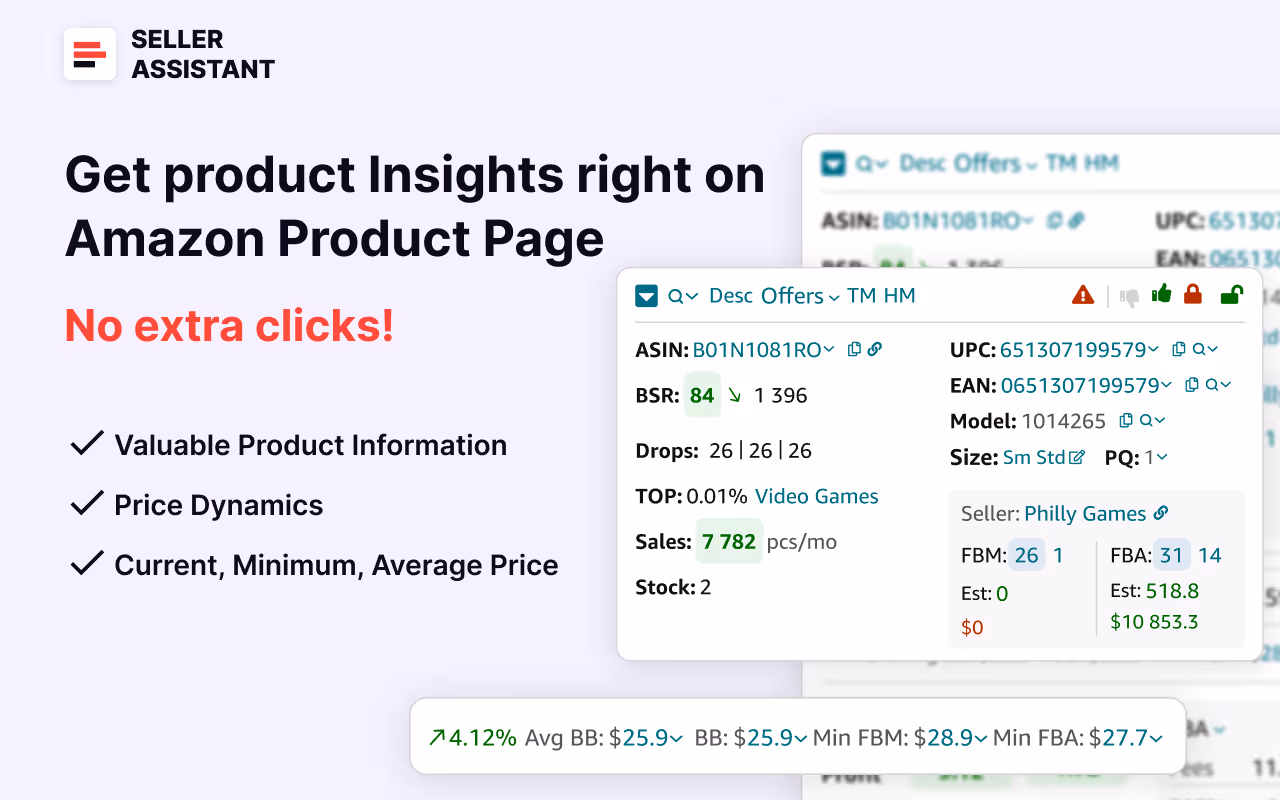 Get Product Insights right on Amazon Product Page. Choose profitable deals on Amazon product and search pages, and on supplier website. Estimate how well the product sells and potential product sales.