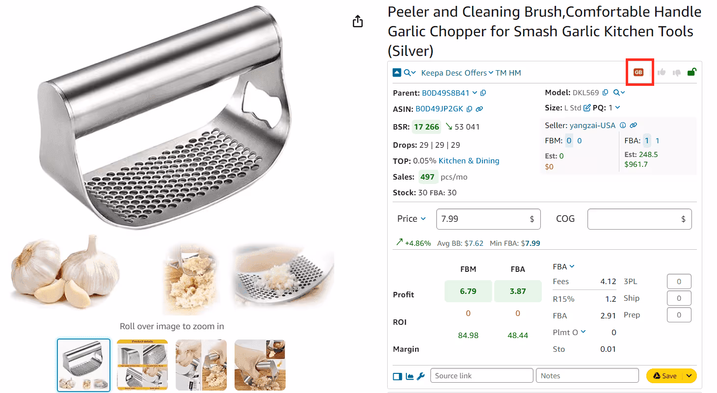 Seller Assistant marks generic brands with the red “GB” icon
