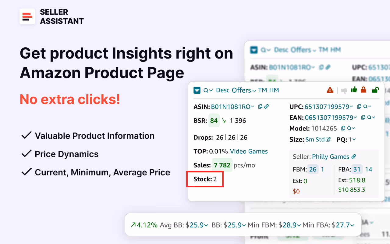 Stock Checker. Get insights into the competitor inventory levels on various Amazon marketplaces. See current stock available at FBM and FBA sellers