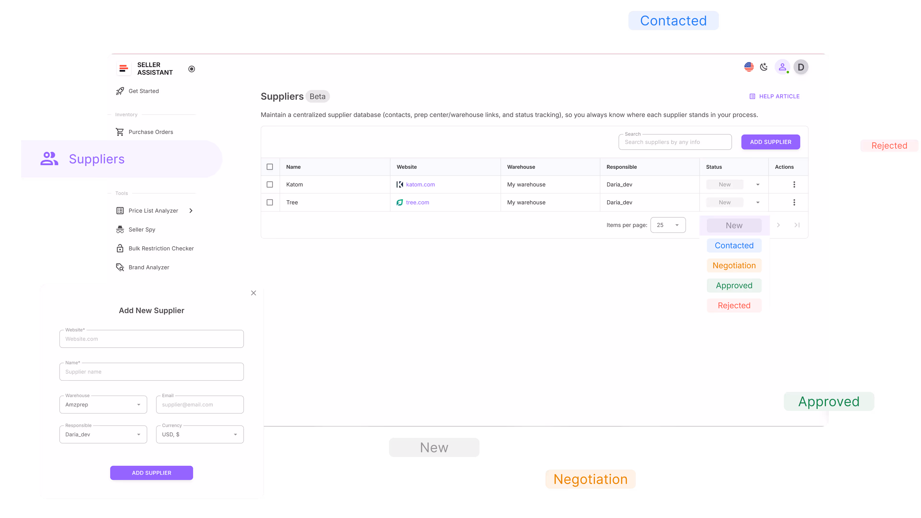 Amazon supplier management dashboard with organized list of supplier names, websites, contacts, and currencies in one platform.