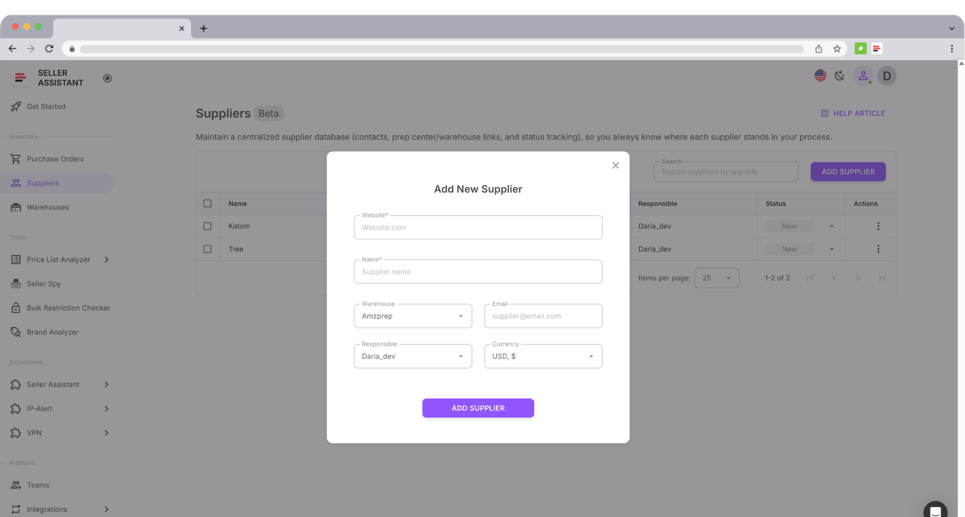 Never dig through old files again. Keep each supplier’s name, website, contact details, and currency in a single organized list, accessible anywhere in the platform.