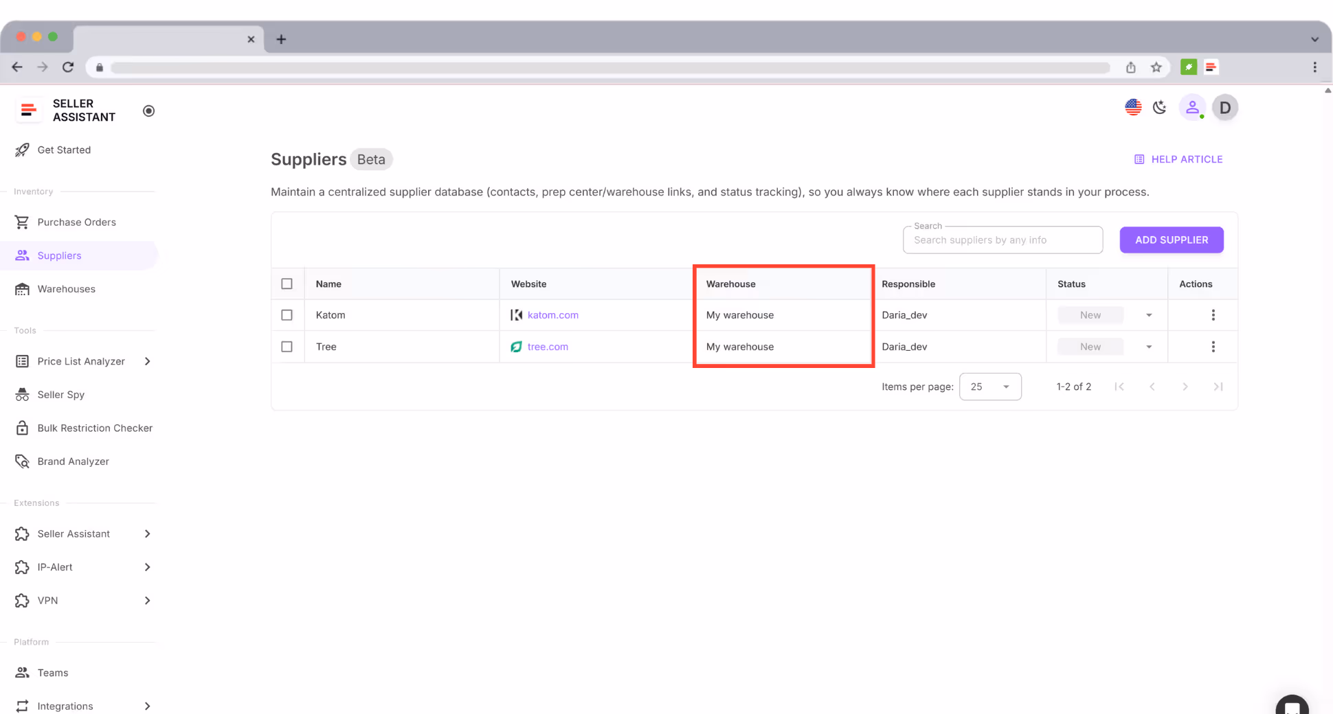 Associate warehouses with suppliers so the correct ship‑to address is applied during PO and price list workflows.