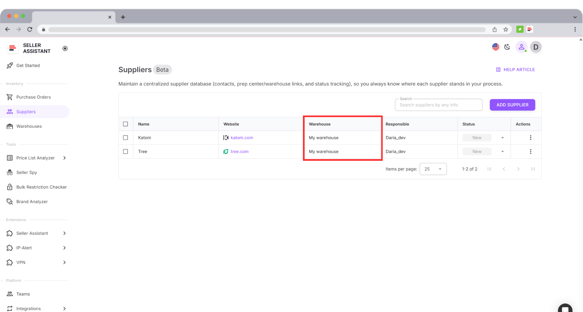 Suppliers linked to default warehouses or prep centers for automatic order routing.