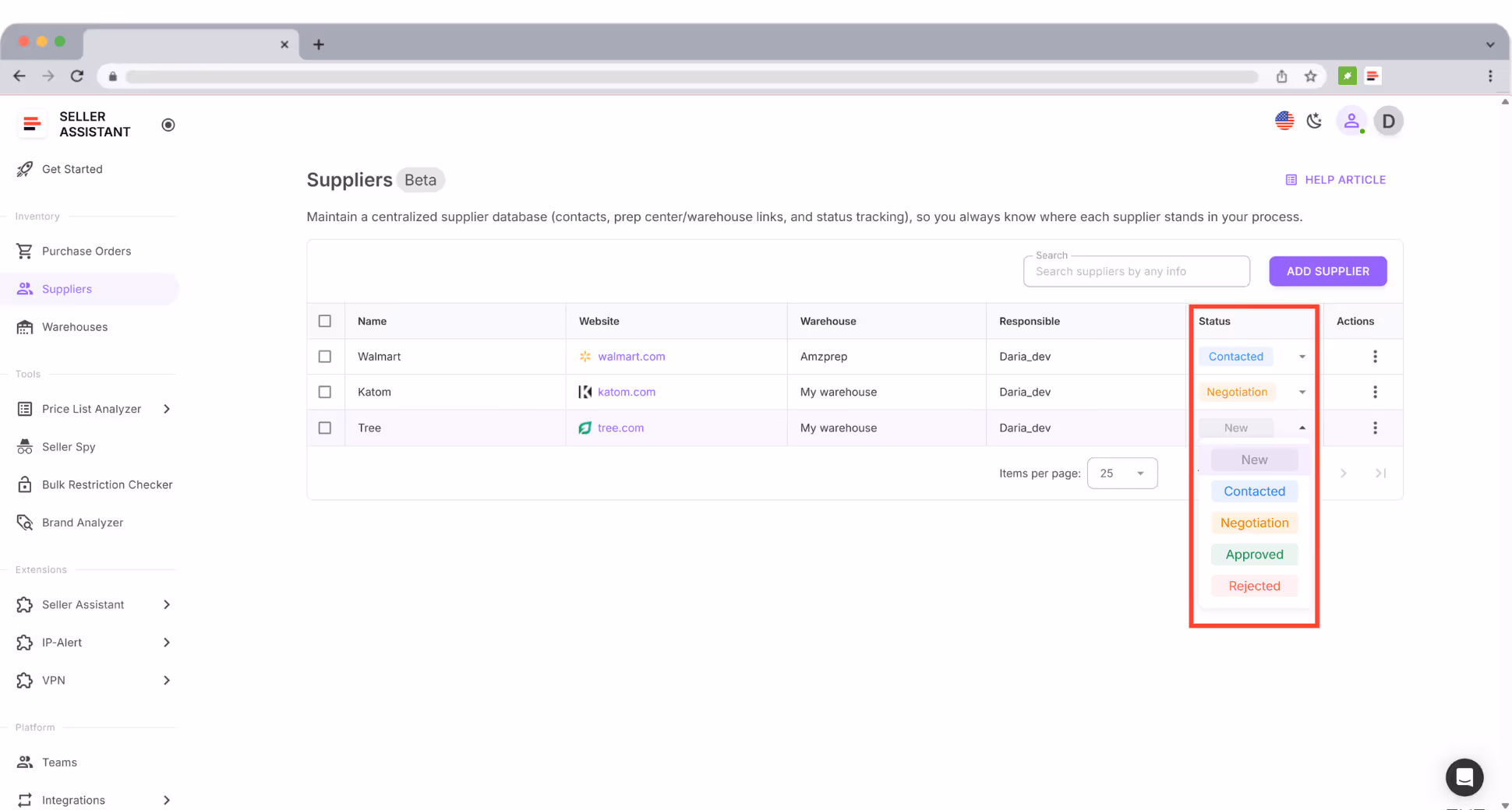 Never dig through old files again. Keep each supplier’s name, website, contact details, and currency in a single organized list, accessible anywhere in the platform.