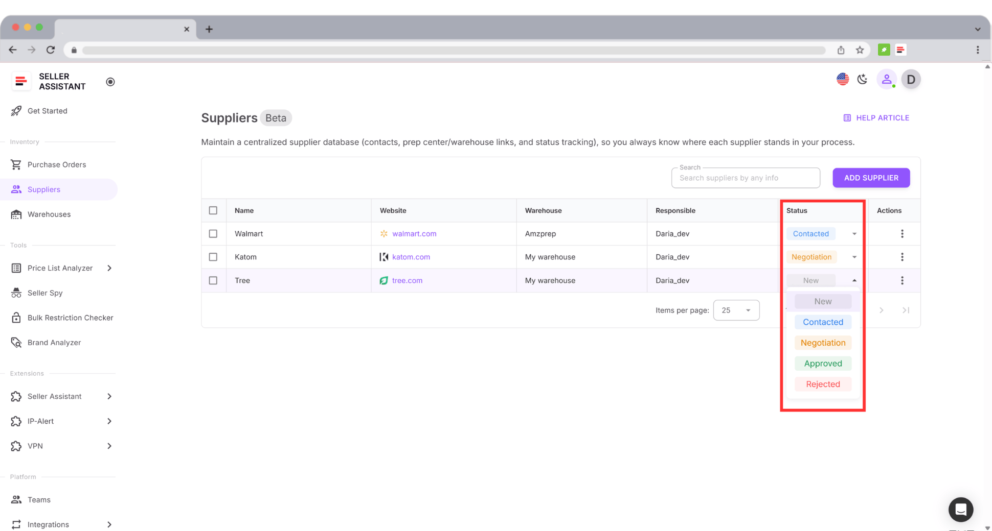 Never dig through old files again. Keep each supplier’s name, website, contact details, and currency in a single organized list, accessible anywhere in the platform.