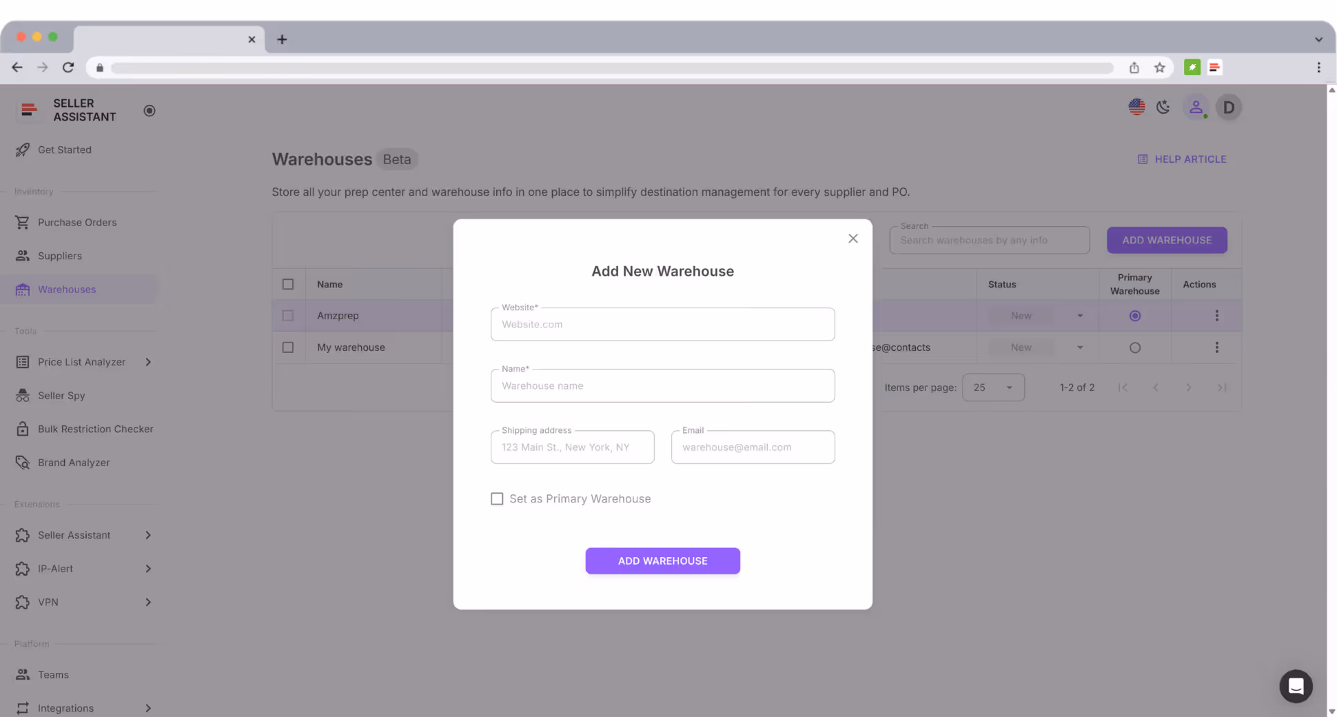 Add a warehouse or prep center with required fields (website, name) and optional address and contacts.